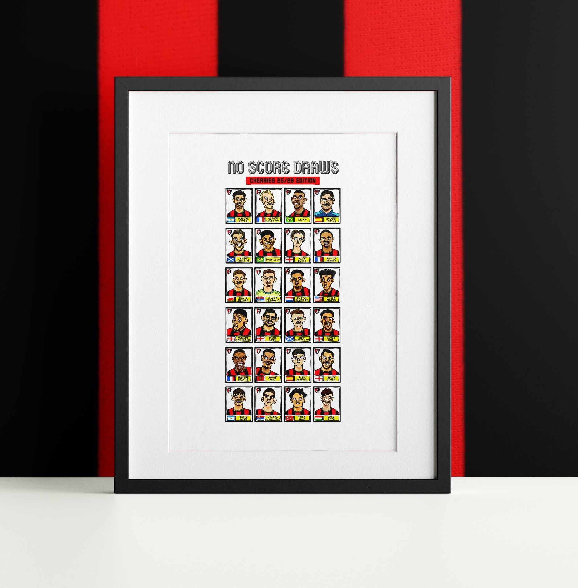 Bournemouth 25/26 - No Score Draws Cherries 25/26 Edition - A3 print of 24 Wonky Panini-style football doodles of Iraola's AFCB Side