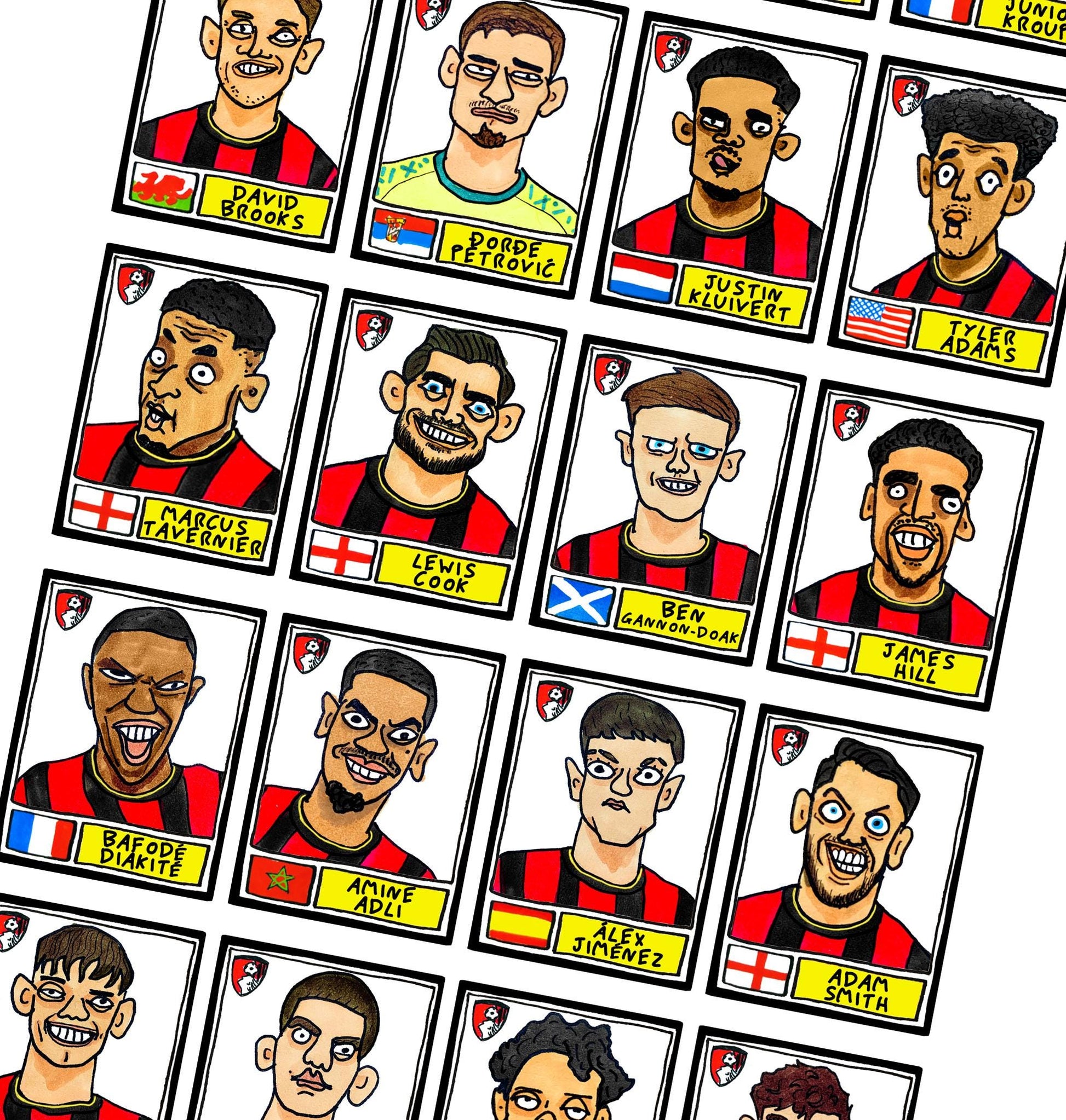 Bournemouth 25/26 - No Score Draws Cherries 25/26 Edition - A3 print of 24 Wonky Panini-style football doodles of Iraola's AFCB Side