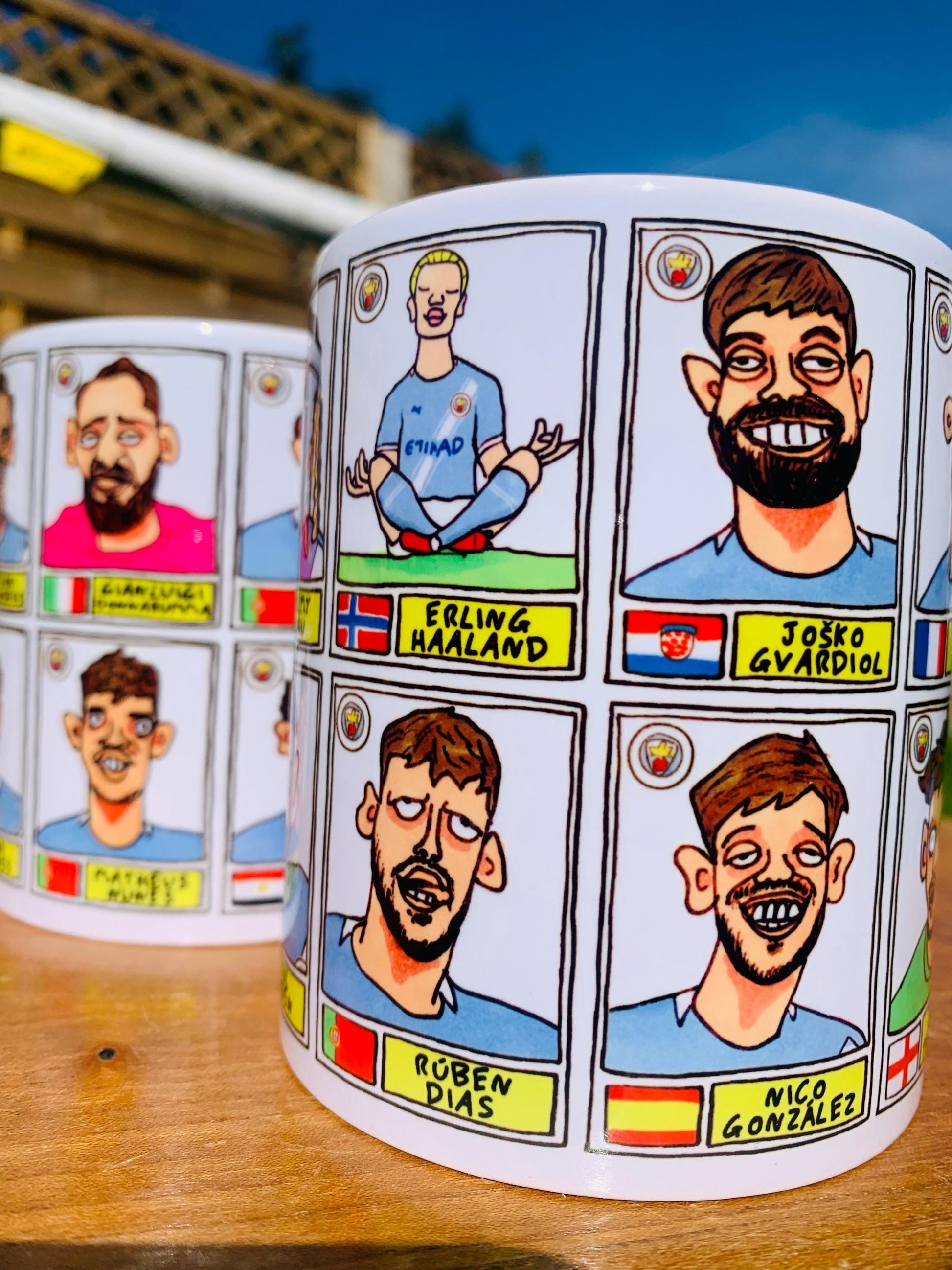 Man City 25/26 - No Score Draws Mug Set - Set of TWO DIFFERENT 11oz Ceramic Mugs with 24 Wonky MCFC Doodles Of Manchester City's 25/26 Squad