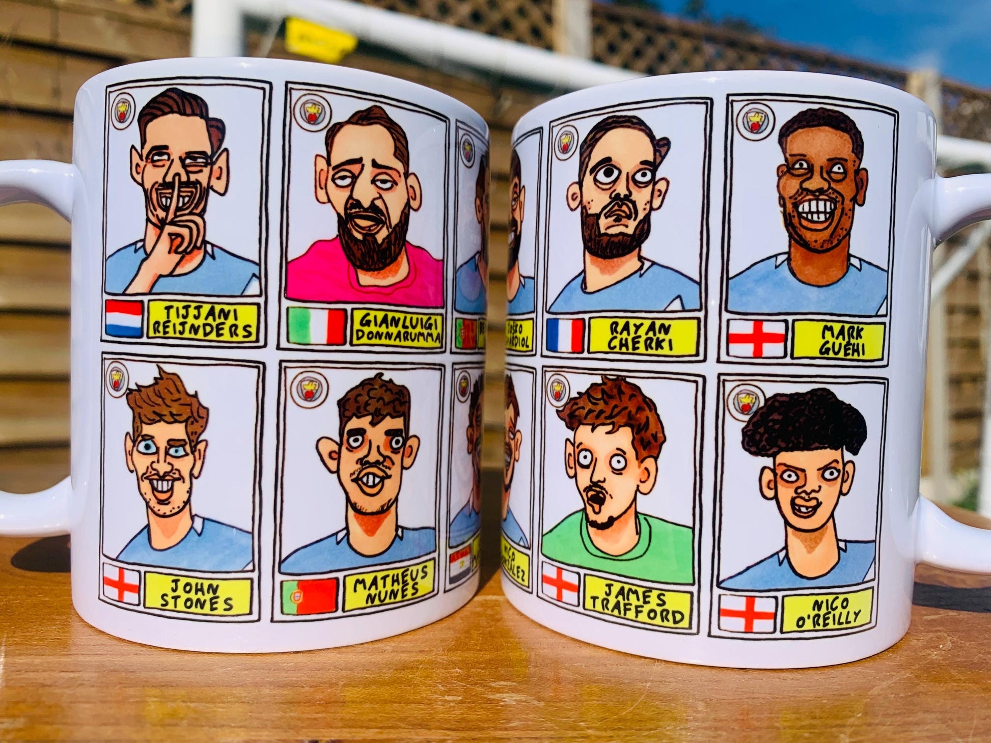 Man City 25/26 - No Score Draws Mug Set - Set of TWO DIFFERENT 11oz Ceramic Mugs with 24 Wonky MCFC Doodles Of Manchester City's 25/26 Squad