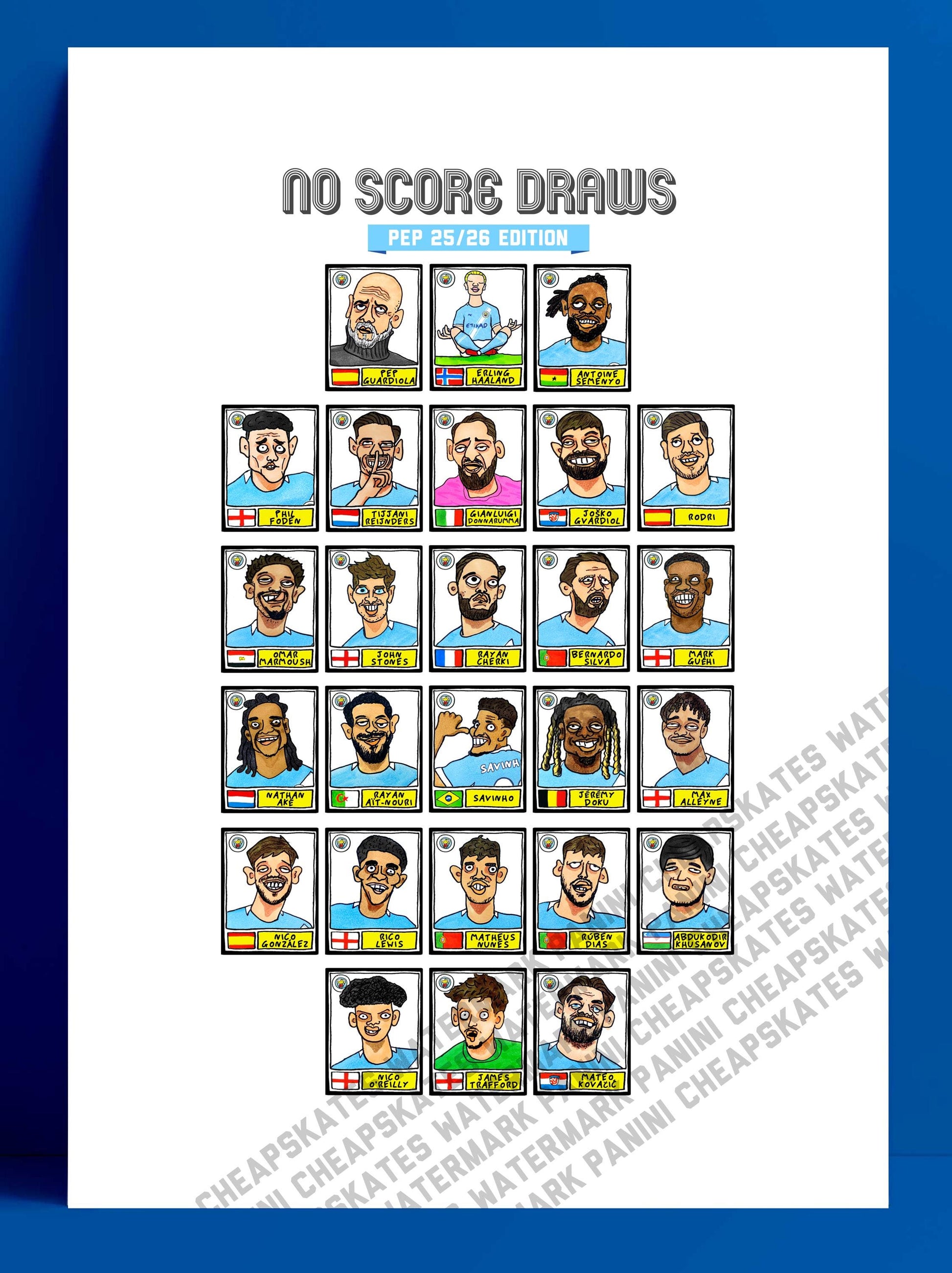 Man City 25/26 - No Score Draws Pep 25/26 Edition - A3 Print Of 24 Wonky No Score Draws Panini-style Doodles Of Guardiola's Manchester City