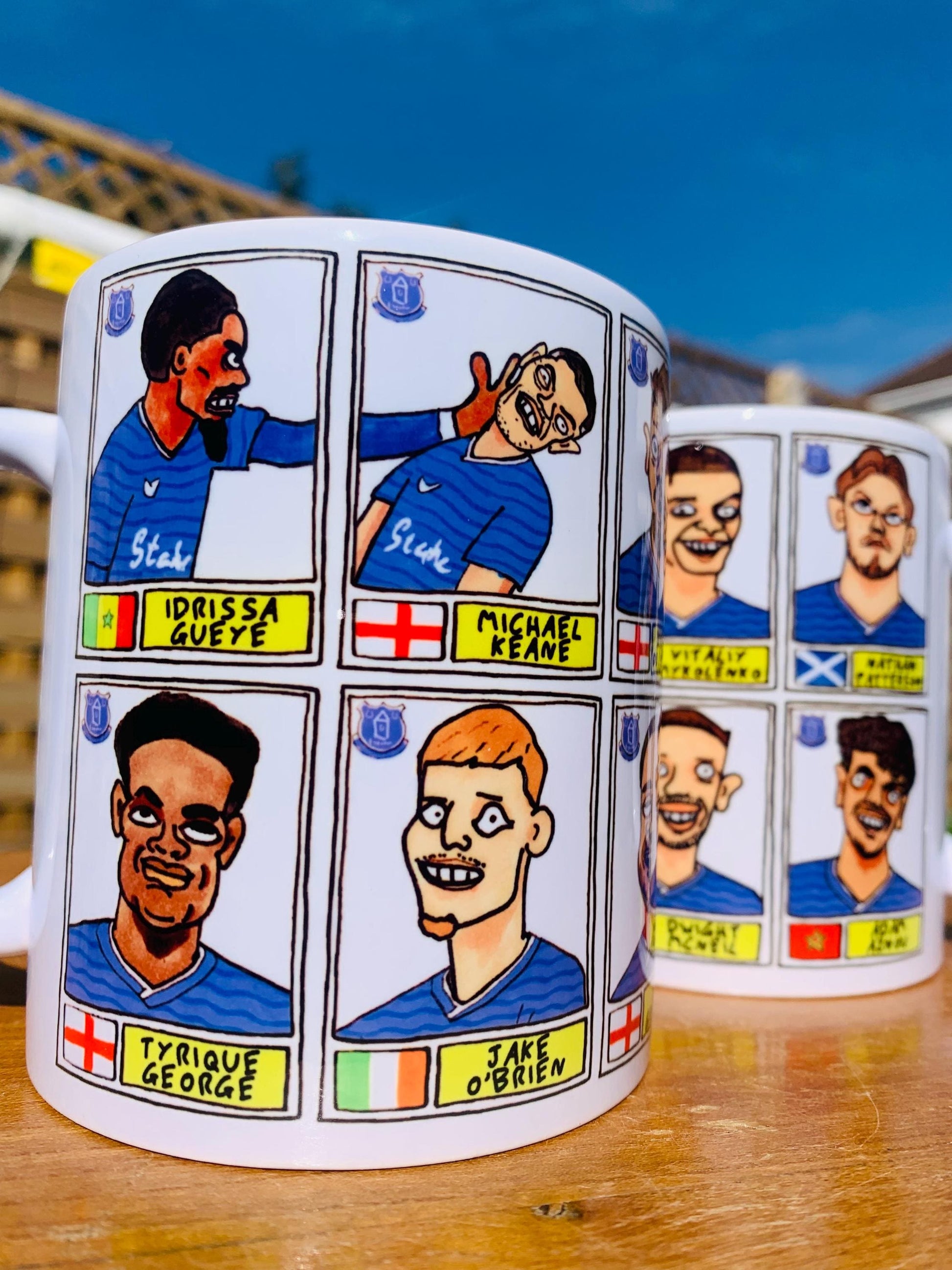 Everton 25/26 No Score Draws Mug Set - Set of TWO DIFFERENT 11oz Mugs with Wonky Panini-Doodles of David Moyes' 25/26 Toffees Everton Squad