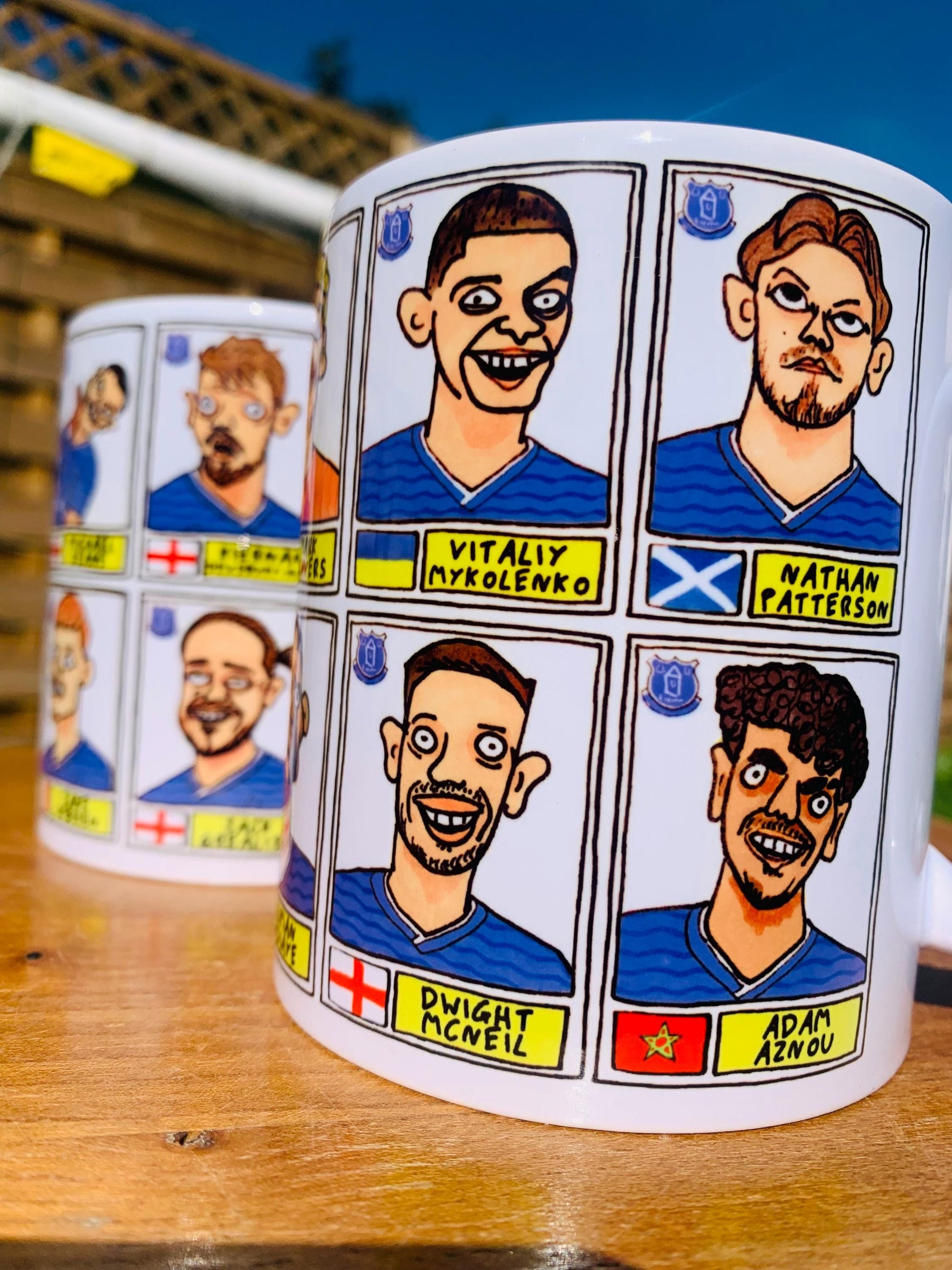 Everton 25/26 No Score Draws Mug Set - Set of TWO DIFFERENT 11oz Mugs with Wonky Panini-Doodles of David Moyes' 25/26 Toffees Everton Squad