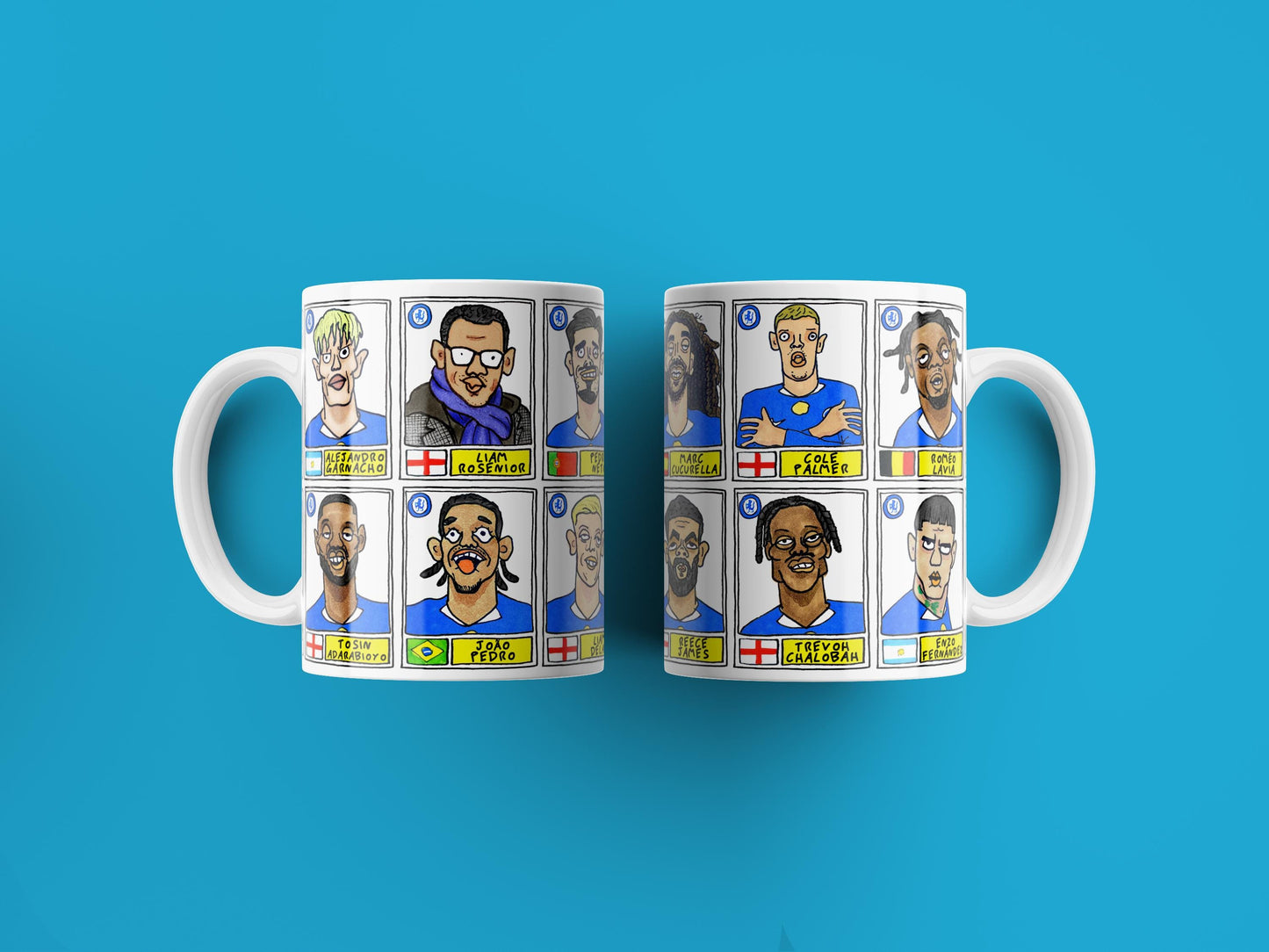Chelsea 25/26 - No Score Draws Mug Set - Set of TWO DIFFERENT 11oz Mugs with Wonky Panini-doodles of Maresca's CFC Squad
