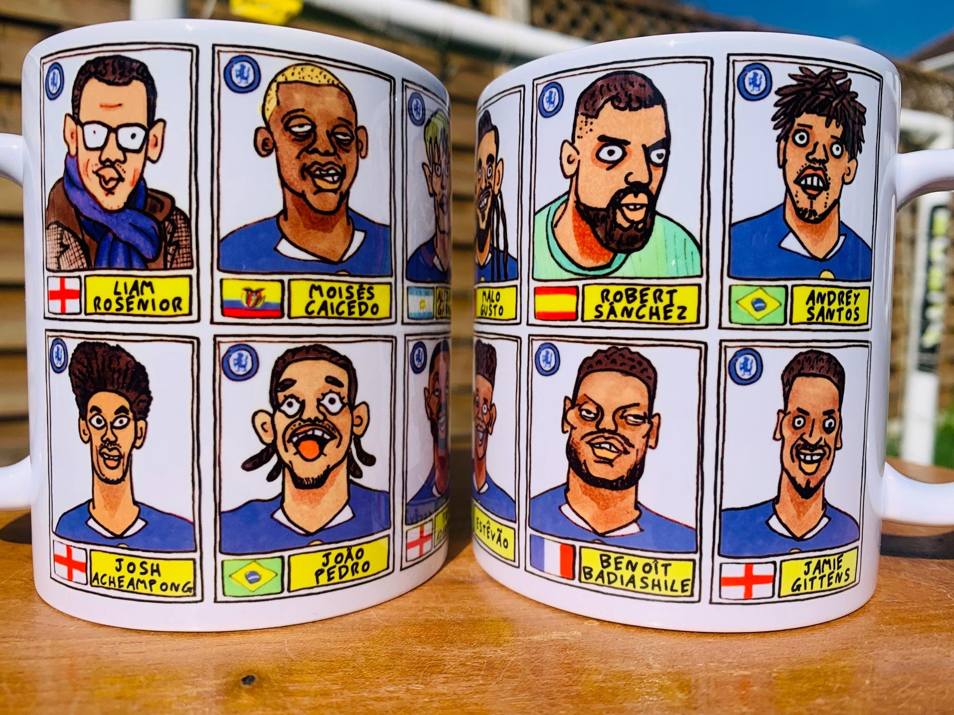 Chelsea 25/26 - No Score Draws Mug Set - Set of TWO DIFFERENT 11oz Mugs with Wonky Panini-doodles of Maresca's CFC Squad