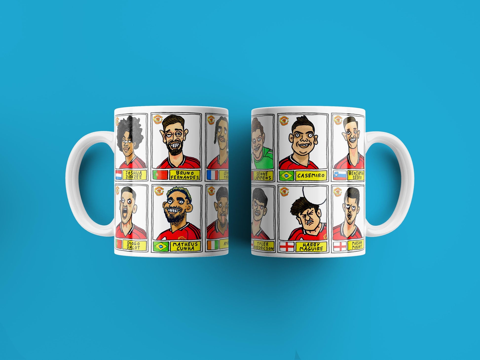 Man Utd 25/26 No Score Draws Mug Set - Set of TWO DIFFERENT 11oz Ceramic Mugs with Wonky Panini-style MUFC Doodles Of Manchester United