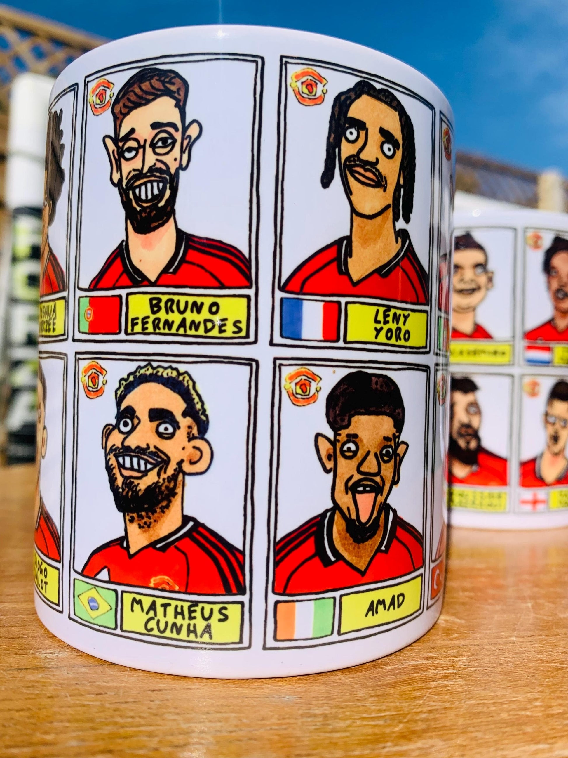 Man Utd 25/26 No Score Draws Mug Set - Set of TWO DIFFERENT 11oz Ceramic Mugs with Wonky Panini-style MUFC Doodles Of Manchester United