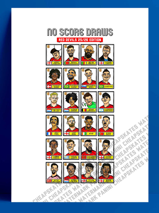 Man Utd 25/26 - No Score Draws Red Devils 25/26 Edition - A3 Print Of 24 Wonky No Score Draws Panini-Doodles Of Carrick's Manchester United