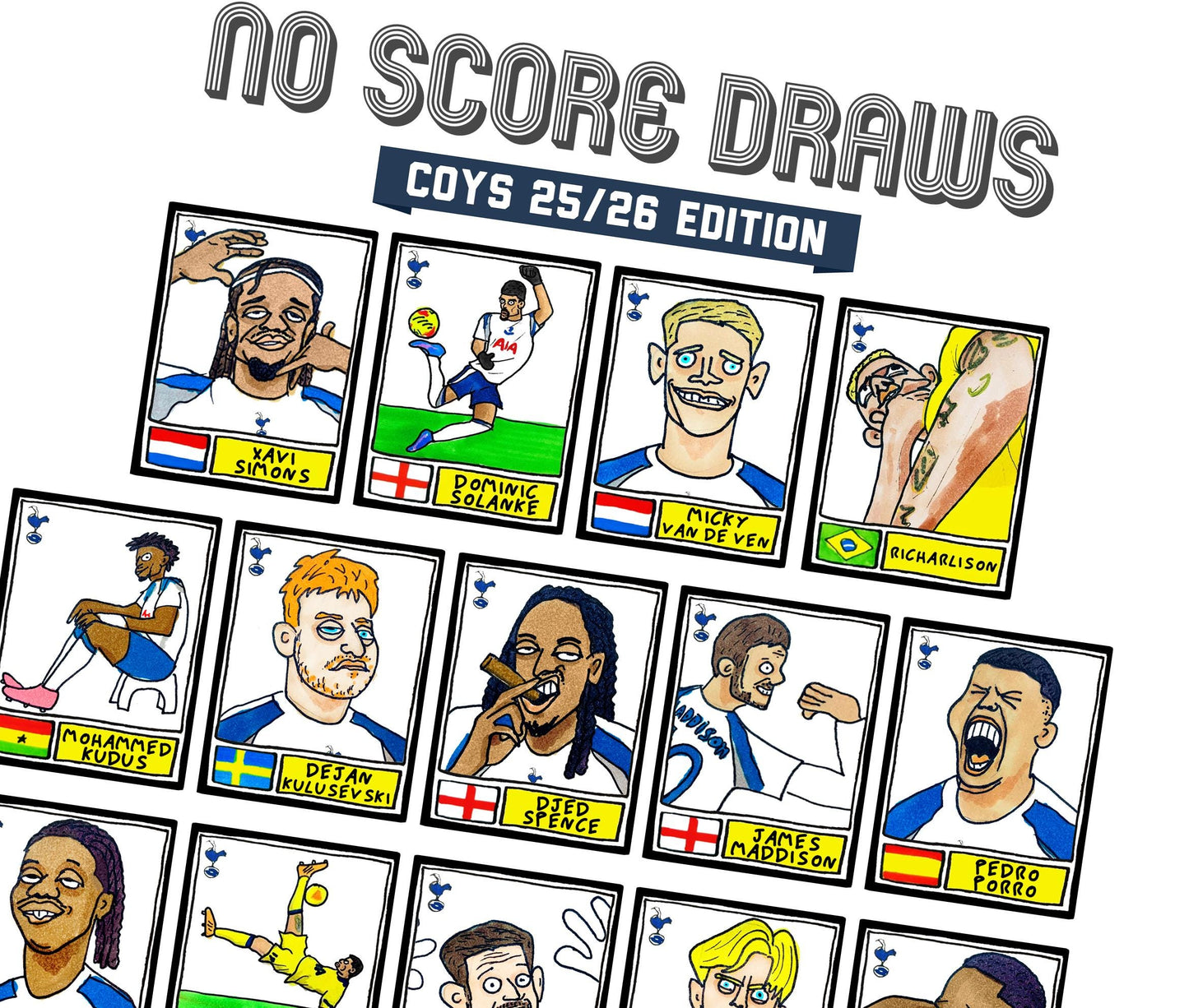 Spurs 25/26 - No Score Draws COYS 25/26 Edition - A3 print of 28 Wonky Panini-style Football Doodles of Tottenham Hotspur's 25/26 Squad