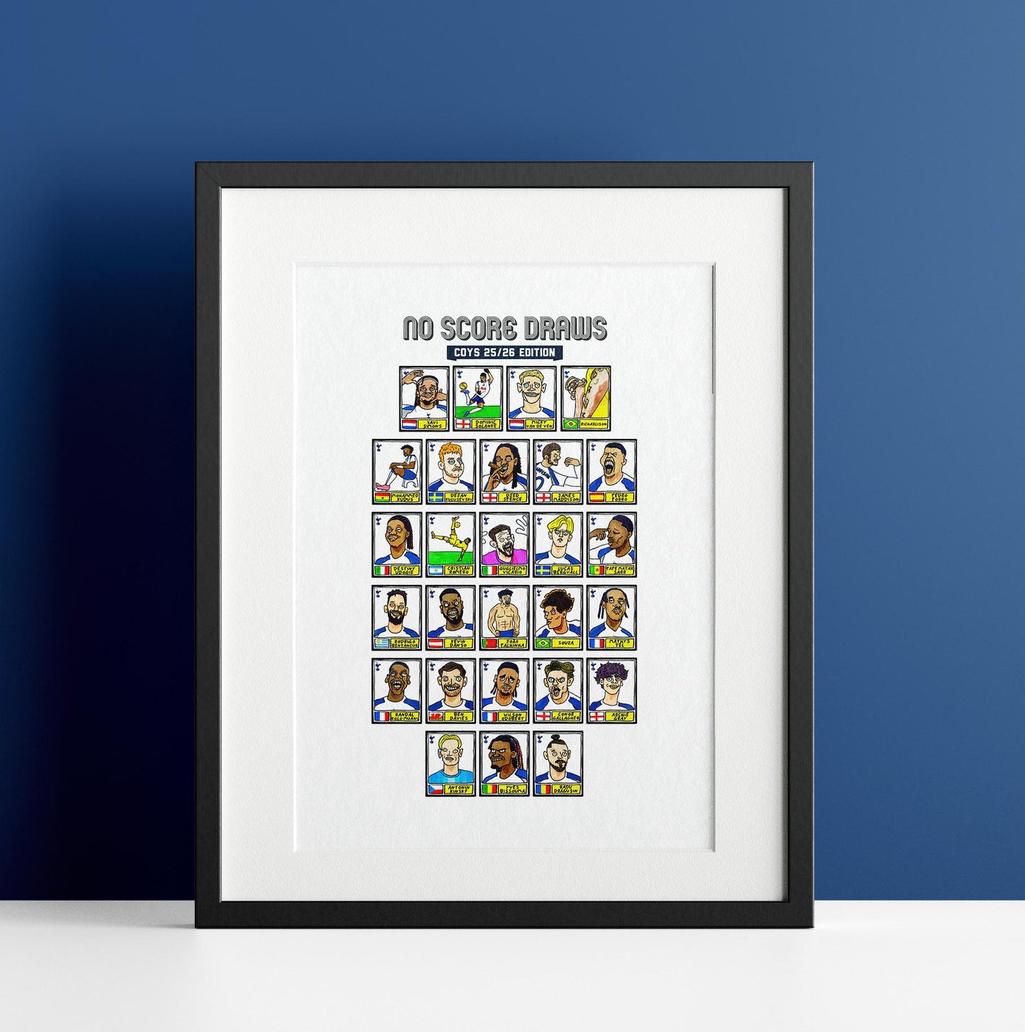 Spurs 25/26 - No Score Draws COYS 25/26 Edition - A3 print of 28 Wonky Panini-style Football Doodles of Tottenham Hotspur's 25/26 Squad