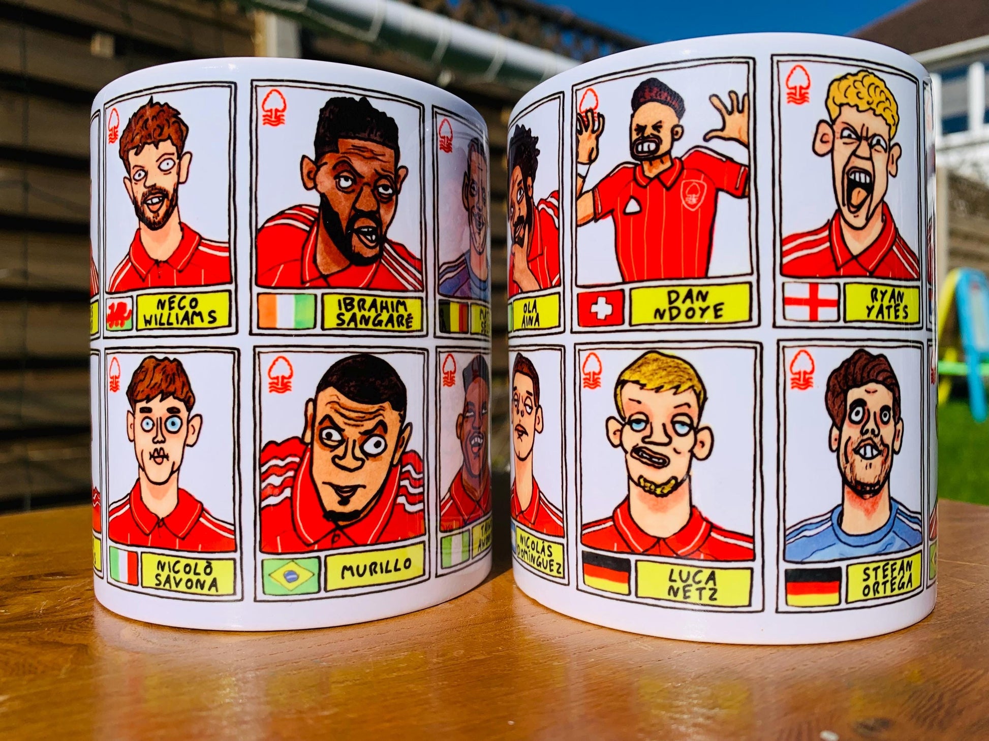 Nottingham Forest Vol 6 - NFFC 25/26 No Score Draws Mug Set - Set of TWO DIFFERENT 11oz Mugs with Wonky Panini-Doodles of Sean Dyche's Squad