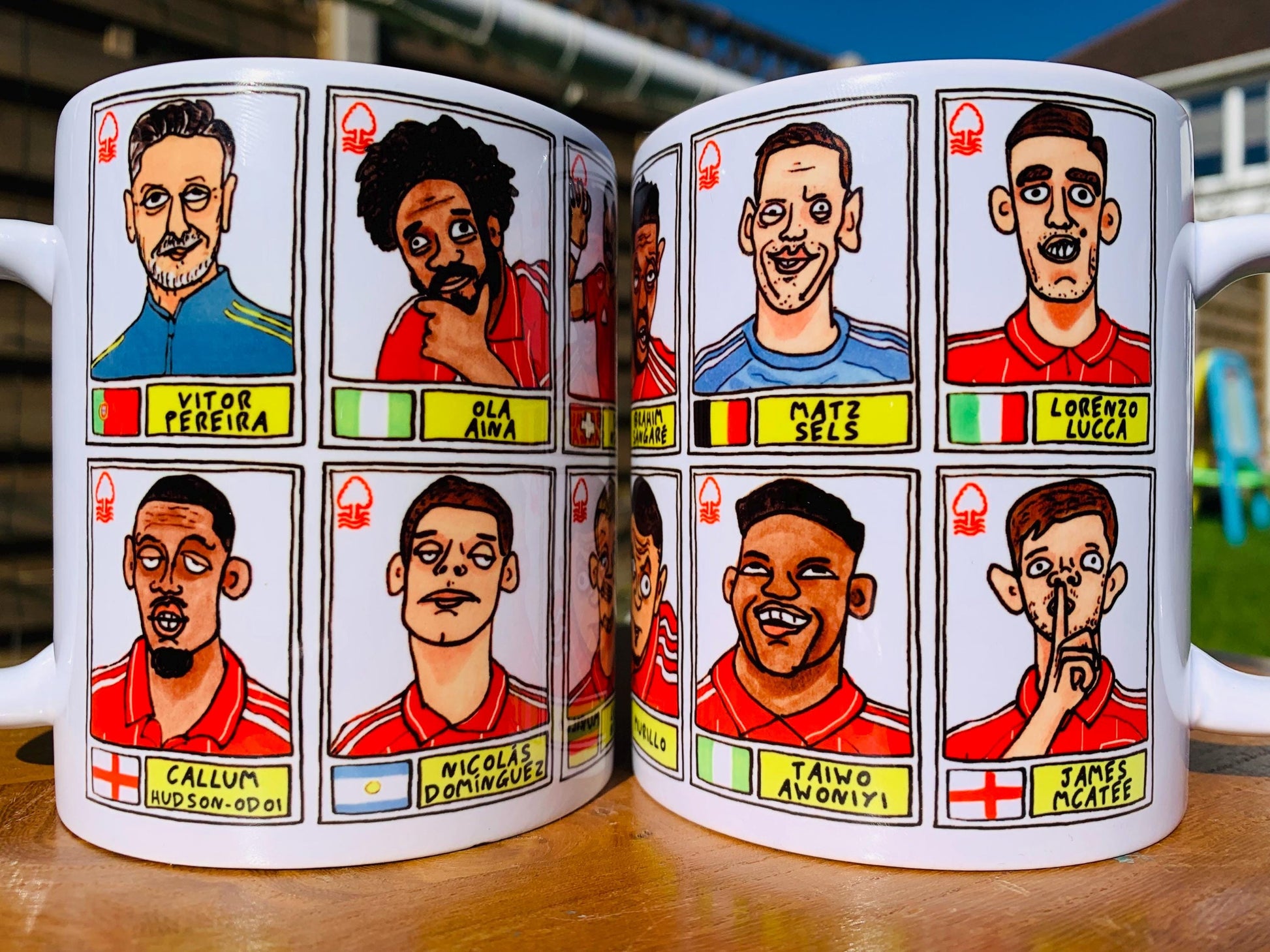Nottingham Forest Vol 6 - NFFC 25/26 No Score Draws Mug Set - Set of TWO DIFFERENT 11oz Mugs with Wonky Panini-Doodles of Sean Dyche's Squad