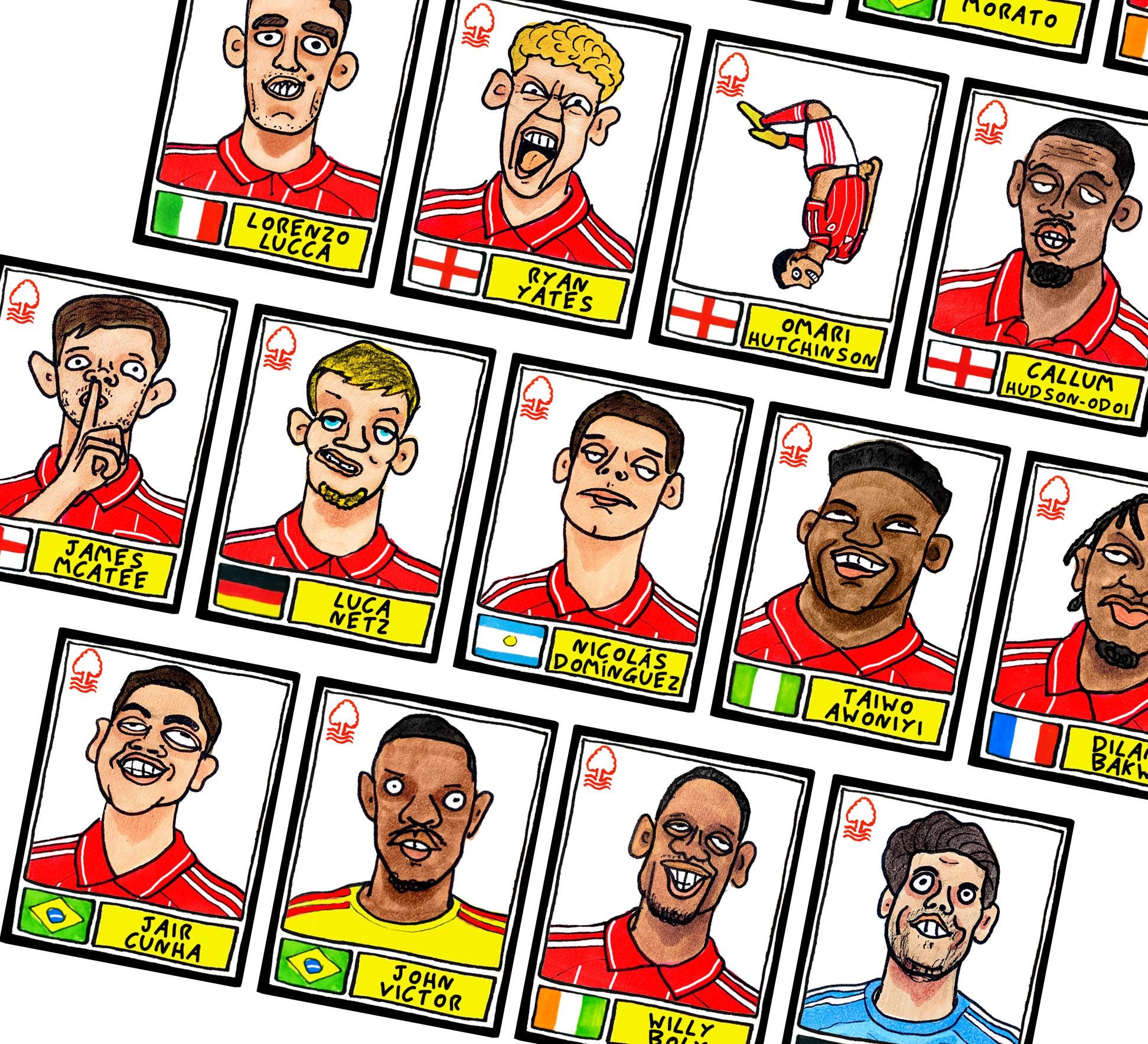 Nottingham Forest Vol 6 - No Score Draw City Ground 25/26 Edition - A3 print of 27 Wonky Hand-Drawn Panini-doodles of NFFC's 25/26 Squad