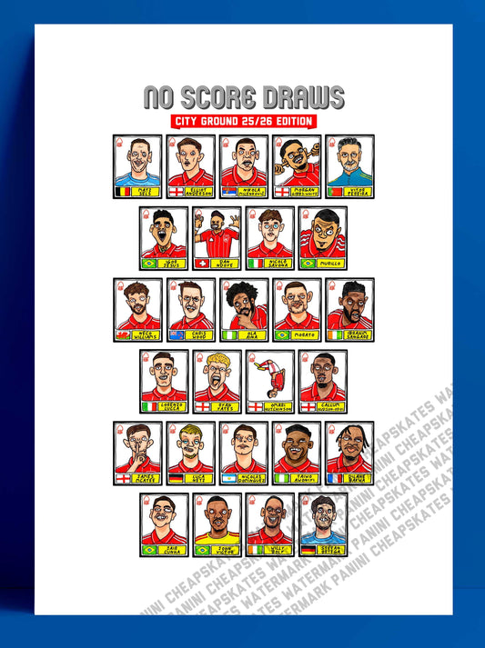 Nottingham Forest Vol 6 - No Score Draw City Ground 25/26 Edition - A3 print of 27 Wonky Hand-Drawn Panini-doodles of NFFC's 25/26 Squad