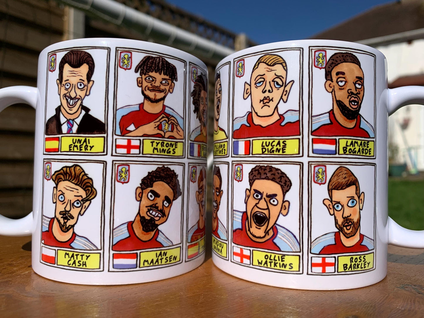 Aston Villa Emery 25/26 No Score Draws Mug Set - Set of TWO DIFFERENT 11oz Ceramic Mugs with Wonky Panini-style AVFC Doodles Of Emery & Co