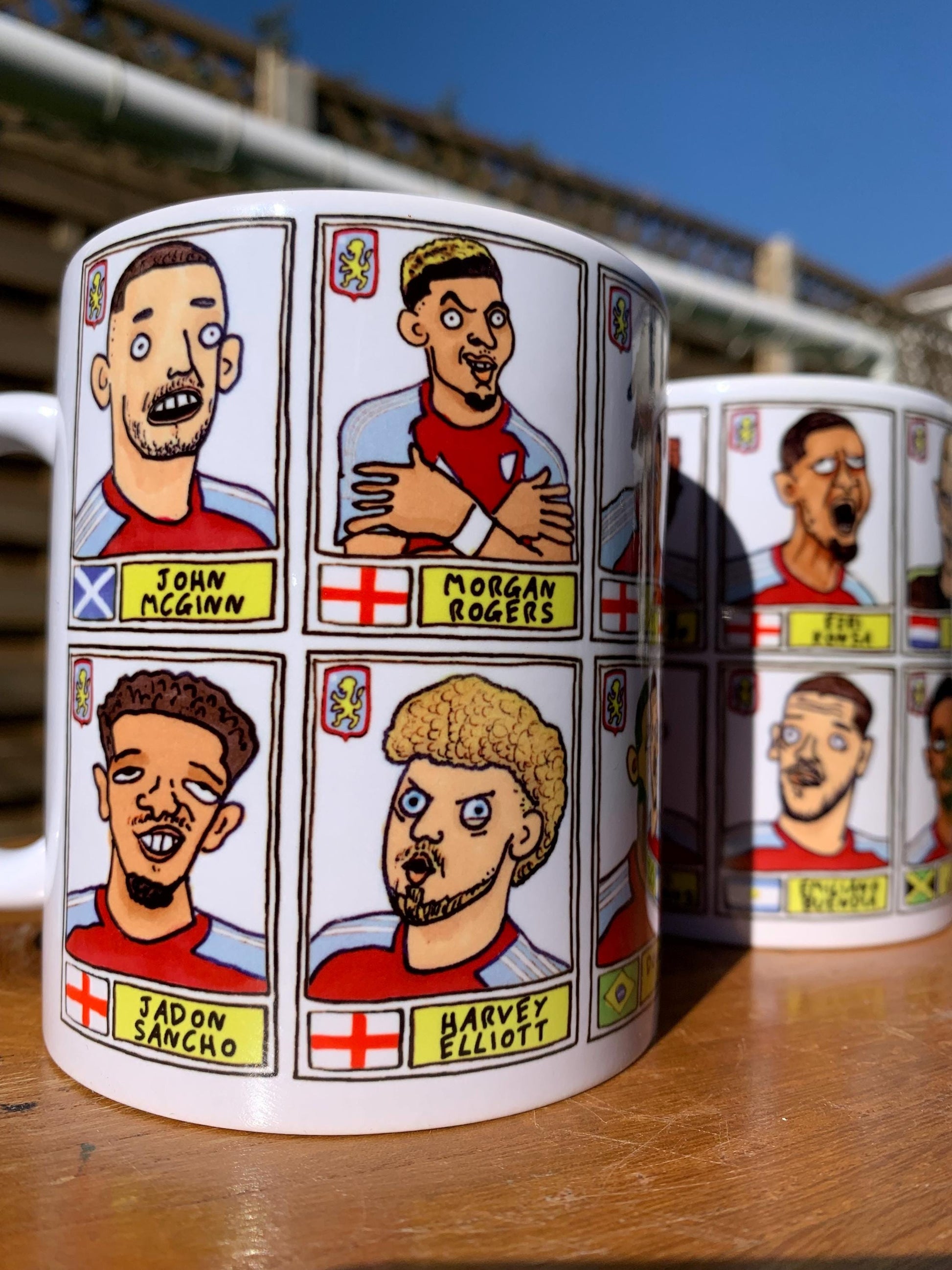 Aston Villa Emery 25/26 No Score Draws Mug Set - Set of TWO DIFFERENT 11oz Ceramic Mugs with Wonky Panini-style AVFC Doodles Of Emery & Co