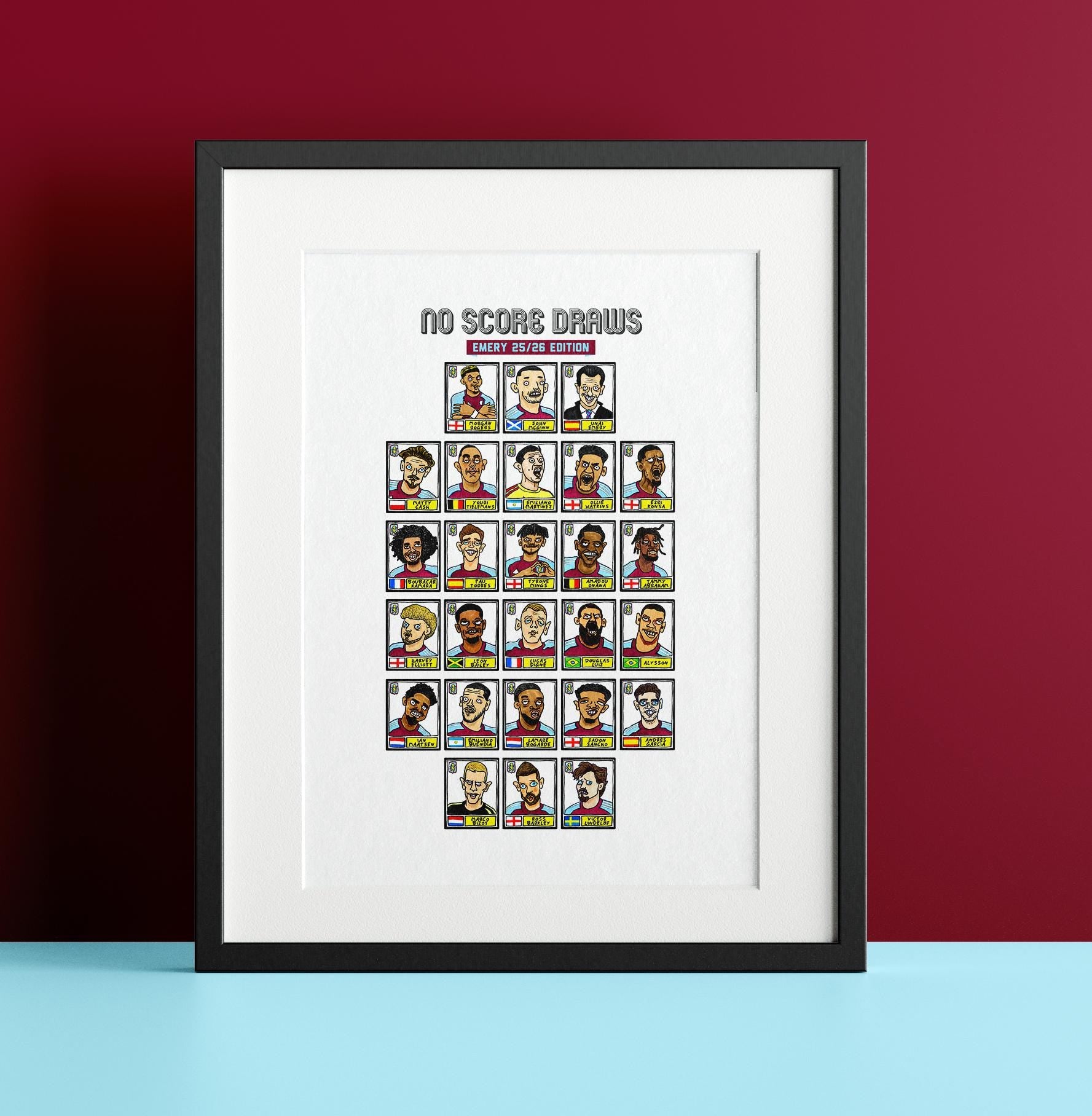 Aston Villa 25/26 - No Score Draws Emery 25/26Edition - A3 print of 24 Wonky Panini-style football doodles of Unai Emery's 25/26 AVFC Side
