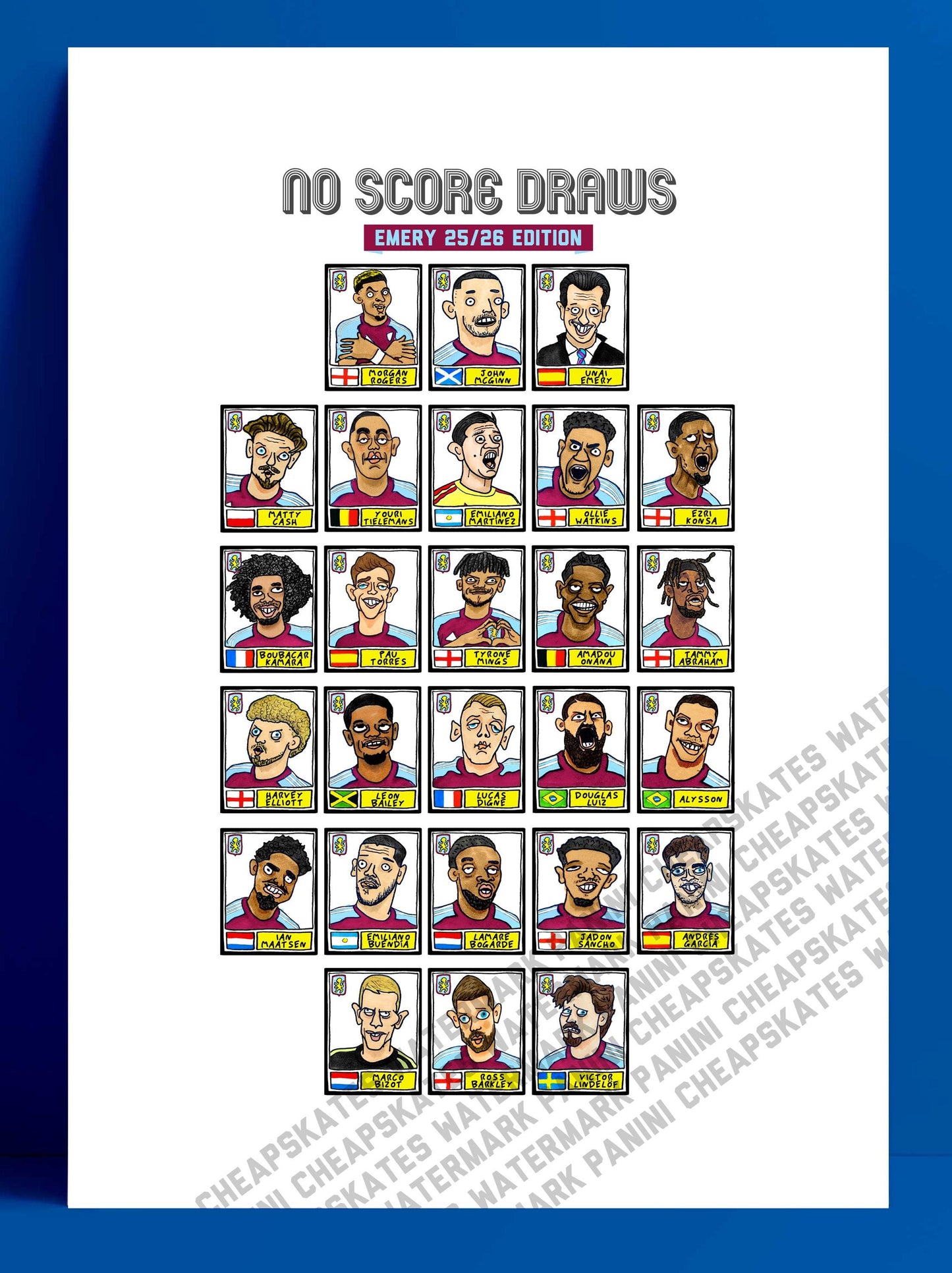 Aston Villa 25/26 - No Score Draws Emery 25/26Edition - A3 print of 24 Wonky Panini-style football doodles of Unai Emery's 25/26 AVFC Side