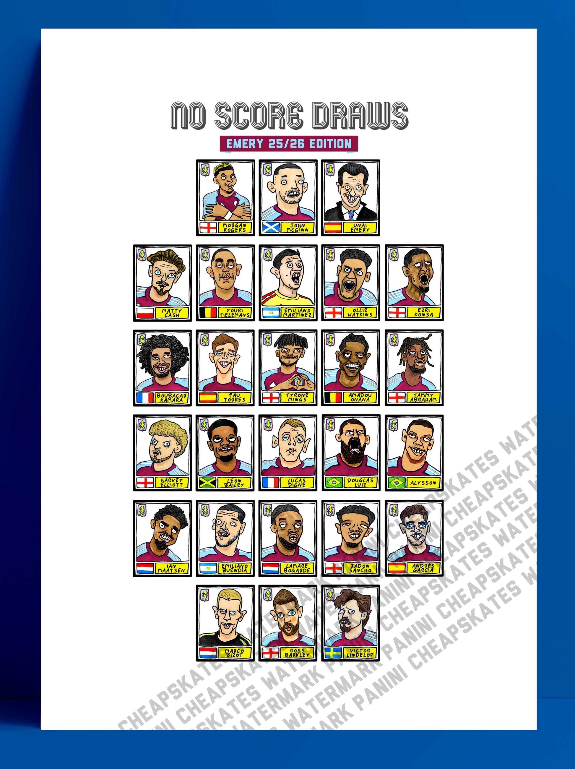 Aston Villa 25/26 - No Score Draws Emery 25/26Edition - A3 print of 24 Wonky Panini-style football doodles of Unai Emery's 25/26 AVFC Side