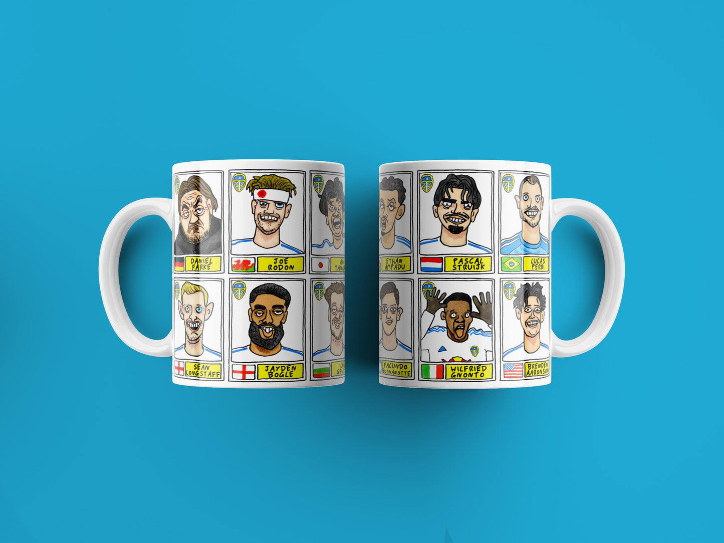 Leeds United 25/26 No Score Draws Mug Set - Set of TWO DIFFERENT 11oz Ceramic Mugs with Wonky Panini-Doodles Of Daniel Farke's PL Squad