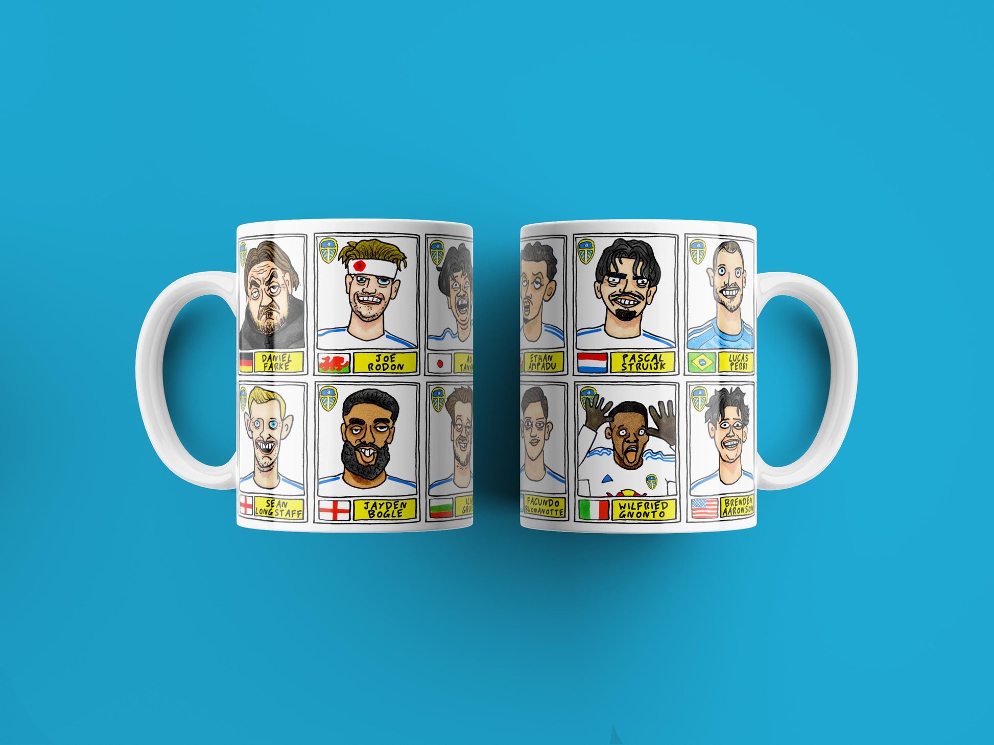 Leeds United 25/26 No Score Draws Mug Set - Set of TWO DIFFERENT 11oz Ceramic Mugs with Wonky Panini-Doodles Of Daniel Farke's PL Squad