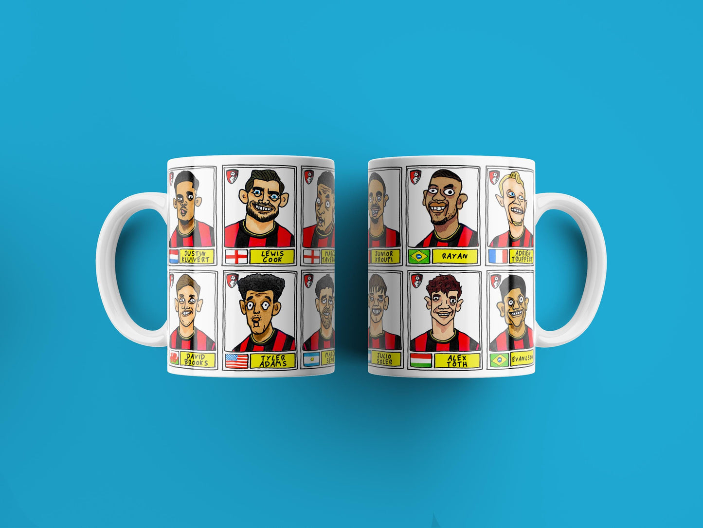 Bournemouth 25/26 - No Score Draws Mug Set - Set of TWO DIFFERENT 11oz Ceramic Mugs with Wonky Panini-style AFCB Cherries Doodles