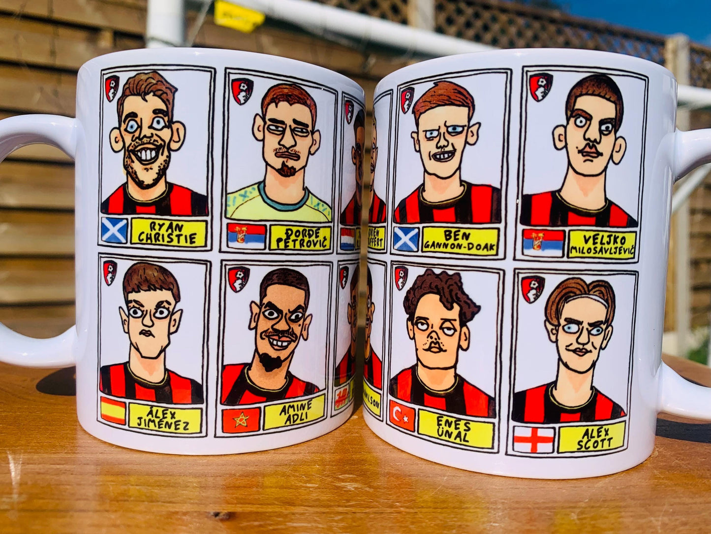 Bournemouth 25/26 - No Score Draws Mug Set - Set of TWO DIFFERENT 11oz Ceramic Mugs with Wonky Panini-style AFCB Cherries Doodles