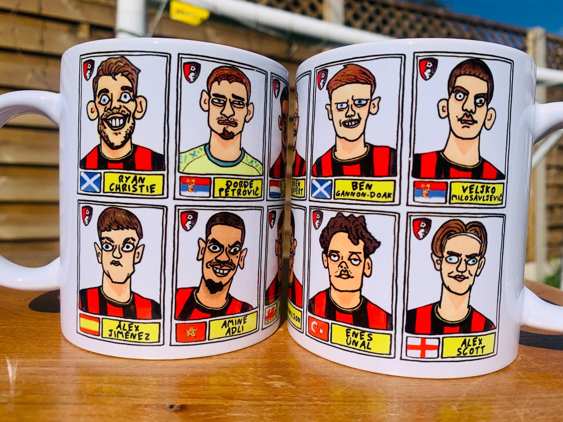 Bournemouth 25/26 - No Score Draws Mug Set - Set of TWO DIFFERENT 11oz Ceramic Mugs with Wonky Panini-style AFCB Cherries Doodles