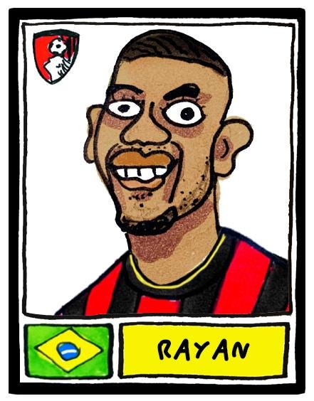 Bournemouth 25/26 - No Score Draws Cherries 25/26 Edition - A3 print of 24 Wonky Panini-style football doodles of Iraola's AFCB Side
