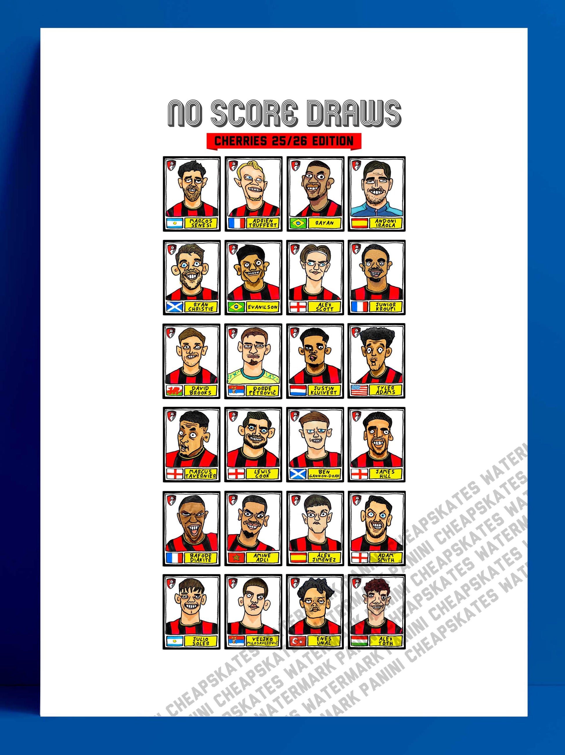 Bournemouth 25/26 - No Score Draws Cherries 25/26 Edition - A3 print of 24 Wonky Panini-style football doodles of Iraola's AFCB Side