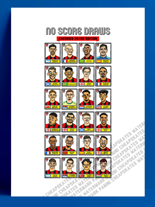 Bournemouth 25/26 - No Score Draws Cherries 25/26 Edition - A3 print of 24 Wonky Panini-style football doodles of Iraola's AFCB Side