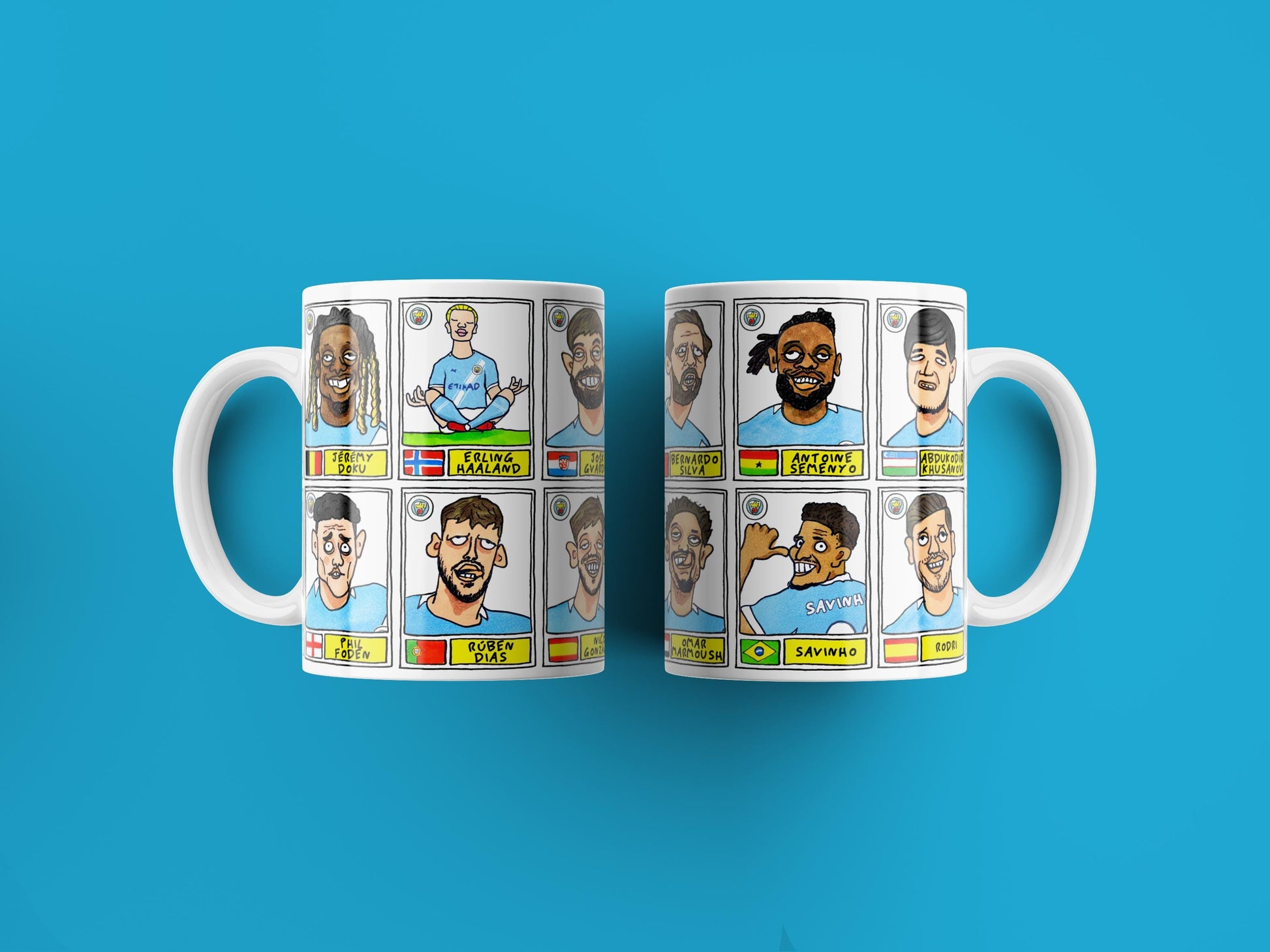 Man City 25/26 - No Score Draws Mug Set - Set of TWO DIFFERENT 11oz Ceramic Mugs with 24 Wonky MCFC Doodles Of Manchester City's 25/26 Squad