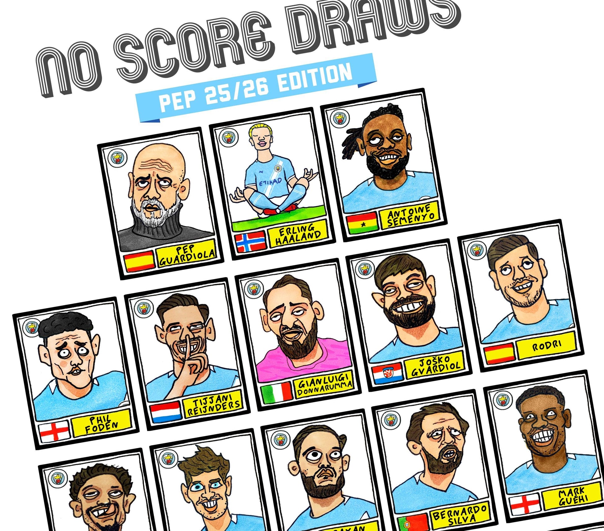 Man City 25/26 - No Score Draws Pep 25/26 Edition - A3 Print Of 24 Wonky No Score Draws Panini-style Doodles Of Guardiola's Manchester City