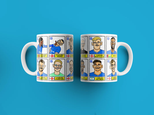 Everton 25/26 No Score Draws Mug Set - Set of TWO DIFFERENT 11oz Mugs with Wonky Panini-Doodles of David Moyes' 25/26 Toffees Everton Squad