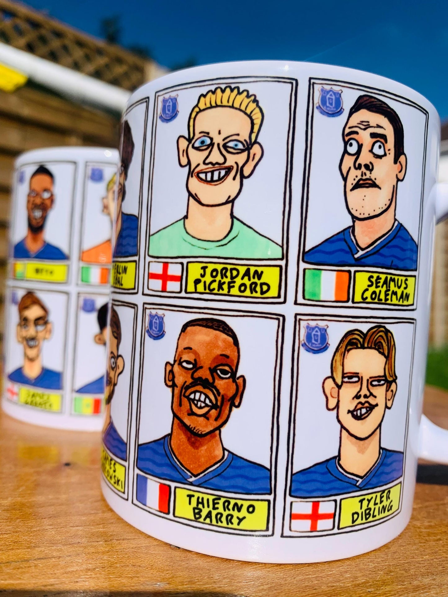 Everton 25/26 No Score Draws Mug Set - Set of TWO DIFFERENT 11oz Mugs with Wonky Panini-Doodles of David Moyes' 25/26 Toffees Everton Squad