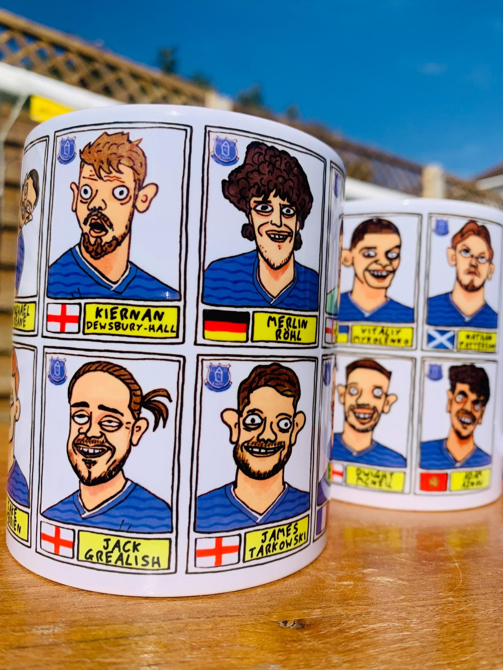 Everton 25/26 No Score Draws Mug Set - Set of TWO DIFFERENT 11oz Mugs with Wonky Panini-Doodles of David Moyes' 25/26 Toffees Everton Squad