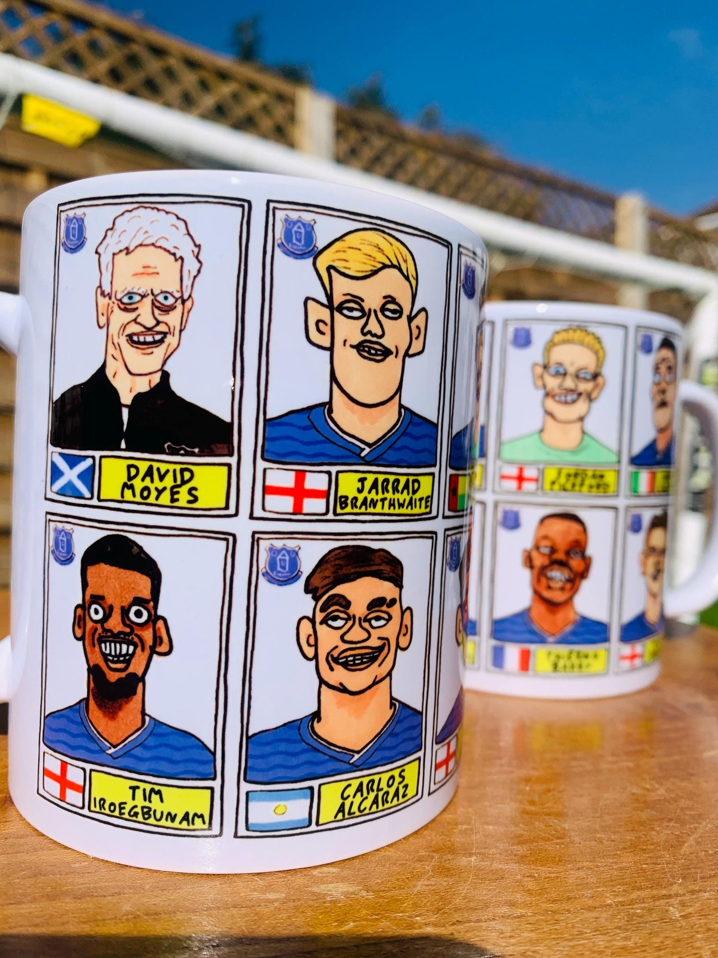 Everton 25/26 No Score Draws Mug Set - Set of TWO DIFFERENT 11oz Mugs with Wonky Panini-Doodles of David Moyes' 25/26 Toffees Everton Squad