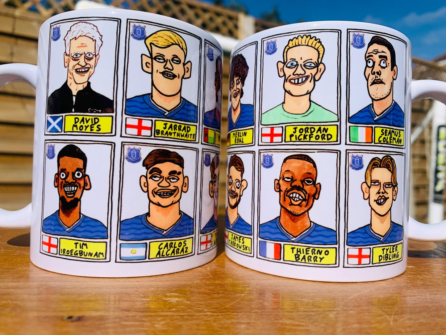Everton 25/26 No Score Draws Mug Set - Set of TWO DIFFERENT 11oz Mugs with Wonky Panini-Doodles of David Moyes' 25/26 Toffees Everton Squad