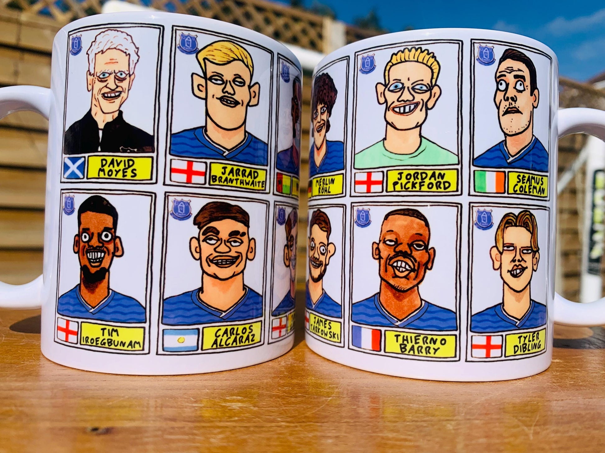 Everton 25/26 No Score Draws Mug Set - Set of TWO DIFFERENT 11oz Mugs with Wonky Panini-Doodles of David Moyes' 25/26 Toffees Everton Squad