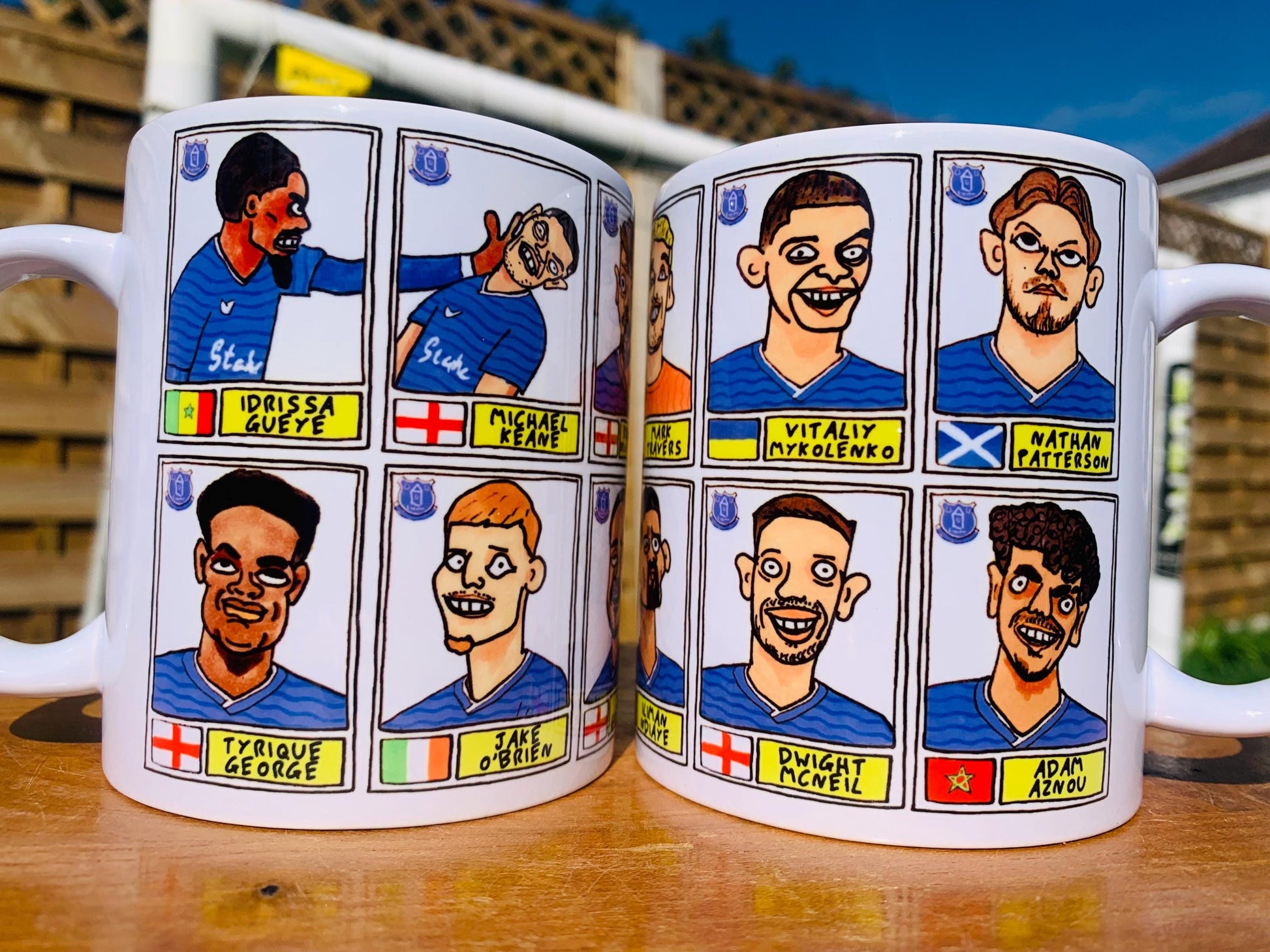 Everton 25/26 No Score Draws Mug Set - Set of TWO DIFFERENT 11oz Mugs with Wonky Panini-Doodles of David Moyes' 25/26 Toffees Everton Squad