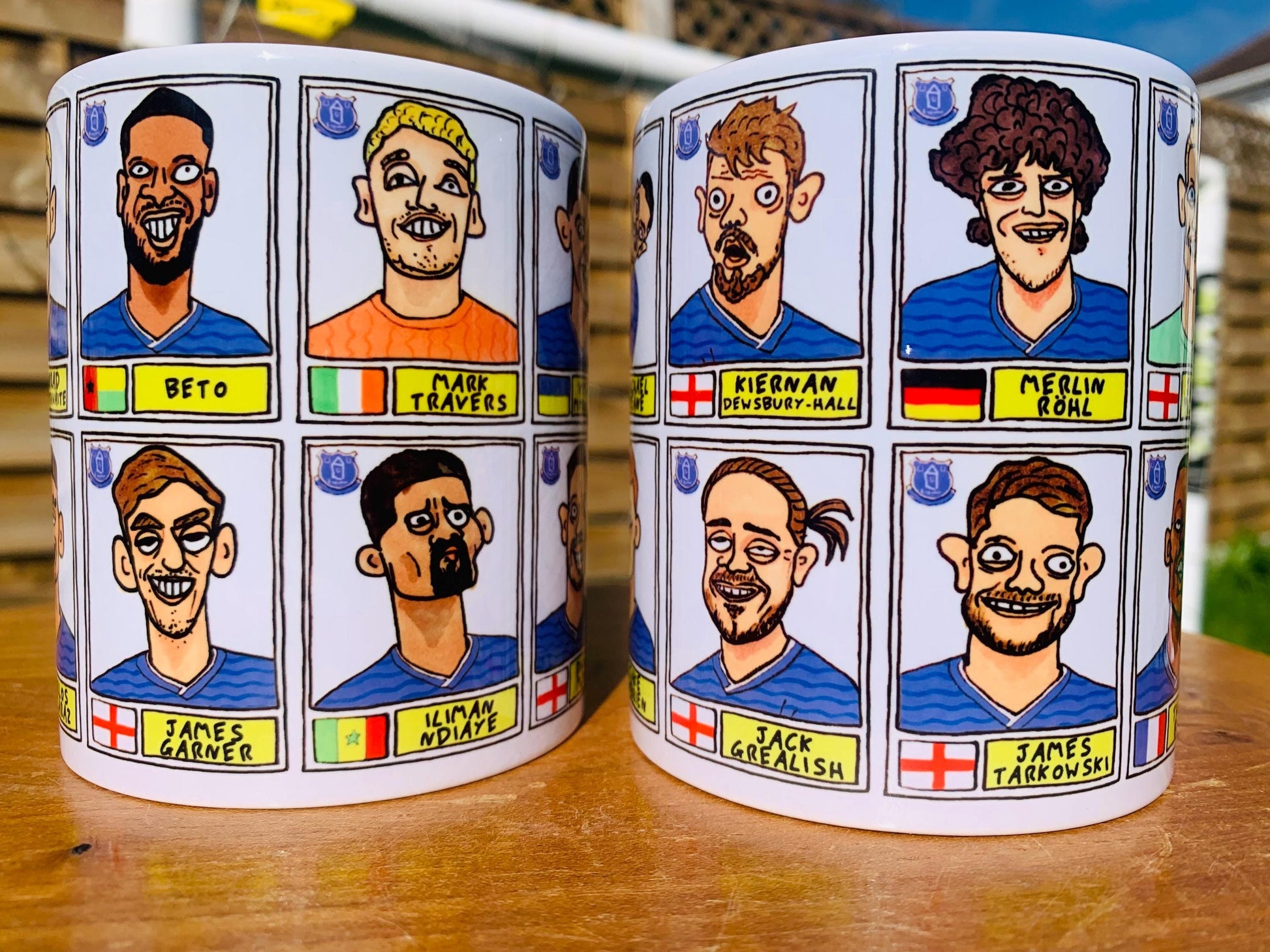 Everton 25/26 No Score Draws Mug Set - Set of TWO DIFFERENT 11oz Mugs with Wonky Panini-Doodles of David Moyes' 25/26 Toffees Everton Squad