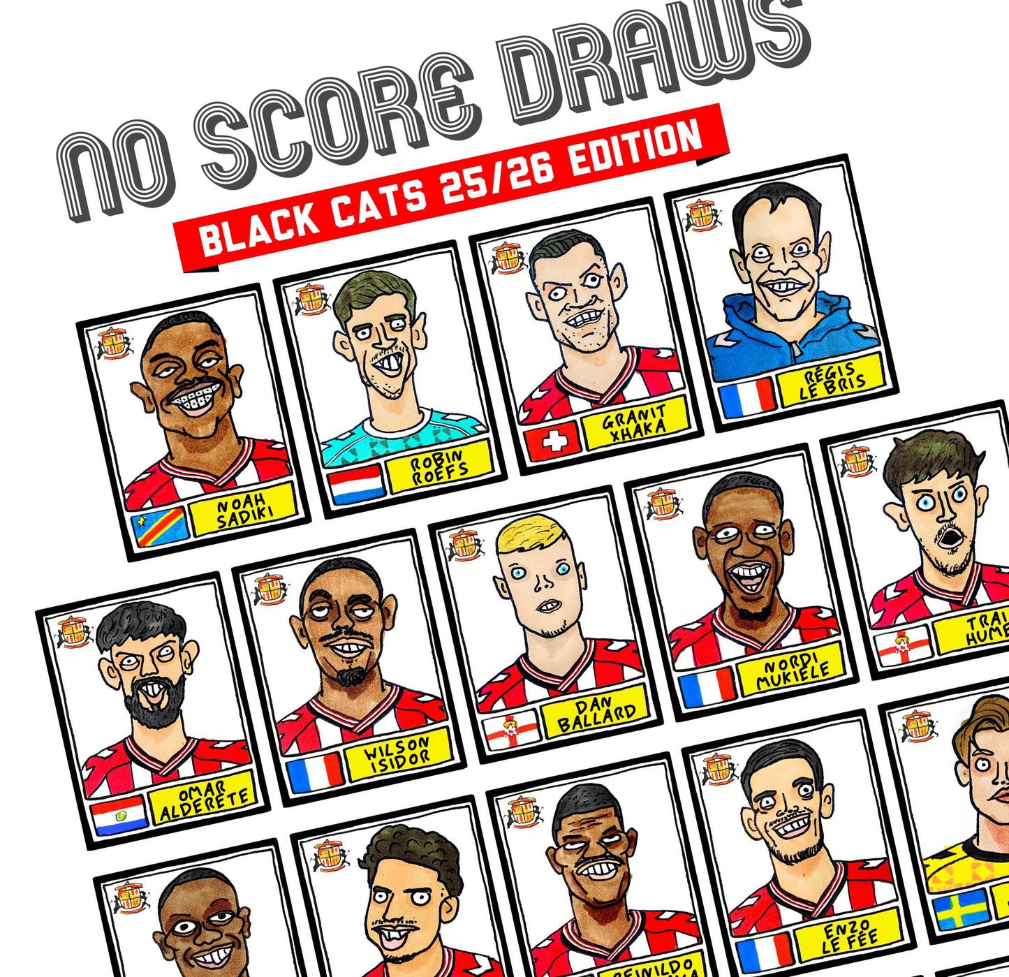 Sunderland Volume 5 - Black Cats 25/26 Edition - A3 print of 24 Wonky No Score Draws Doodles Of SAFC's 25/26 Premier League Squad