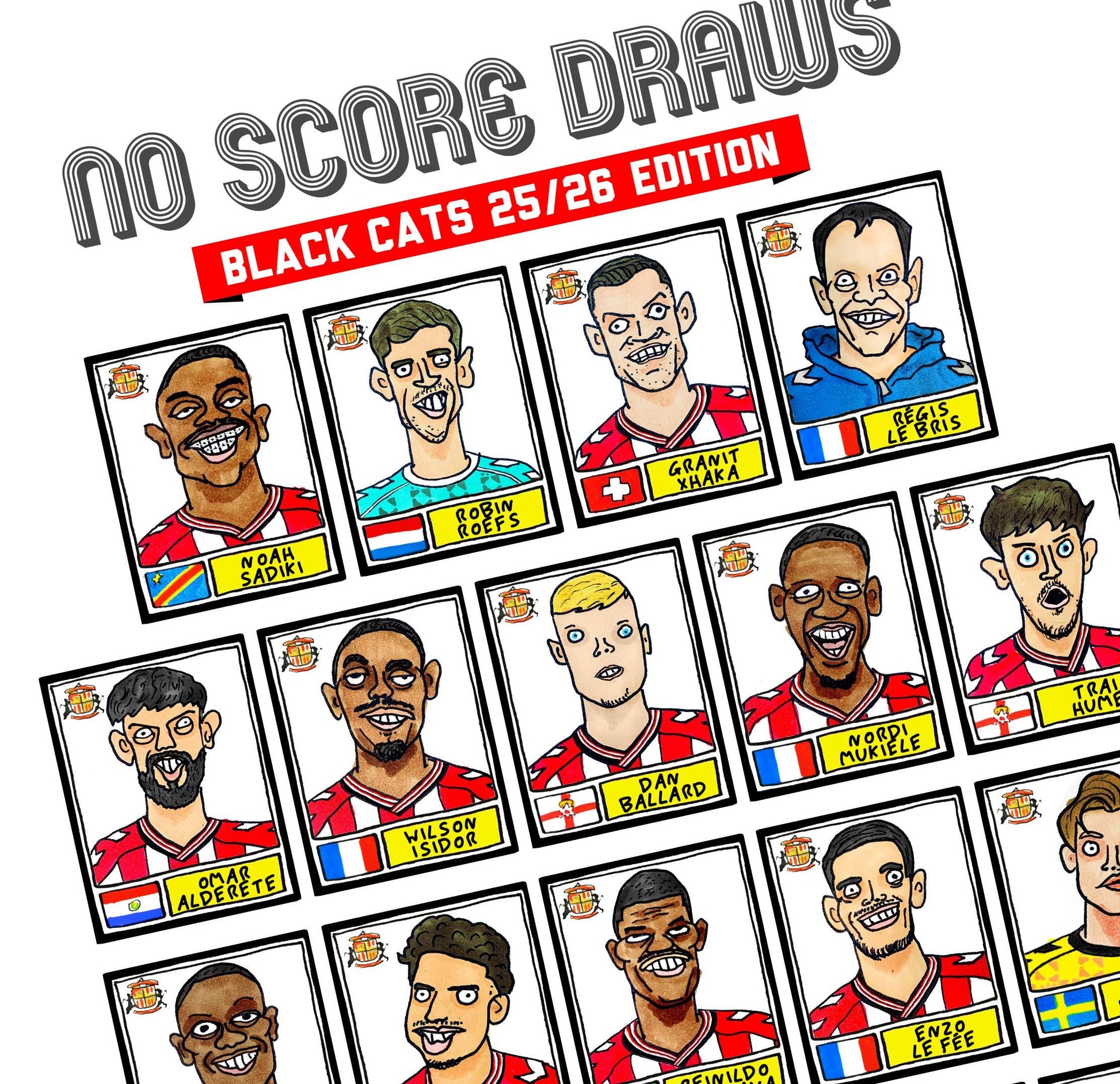Sunderland Volume 5 - Black Cats 25/26 Edition - A3 print of 24 Wonky No Score Draws Doodles Of SAFC's 25/26 Premier League Squad