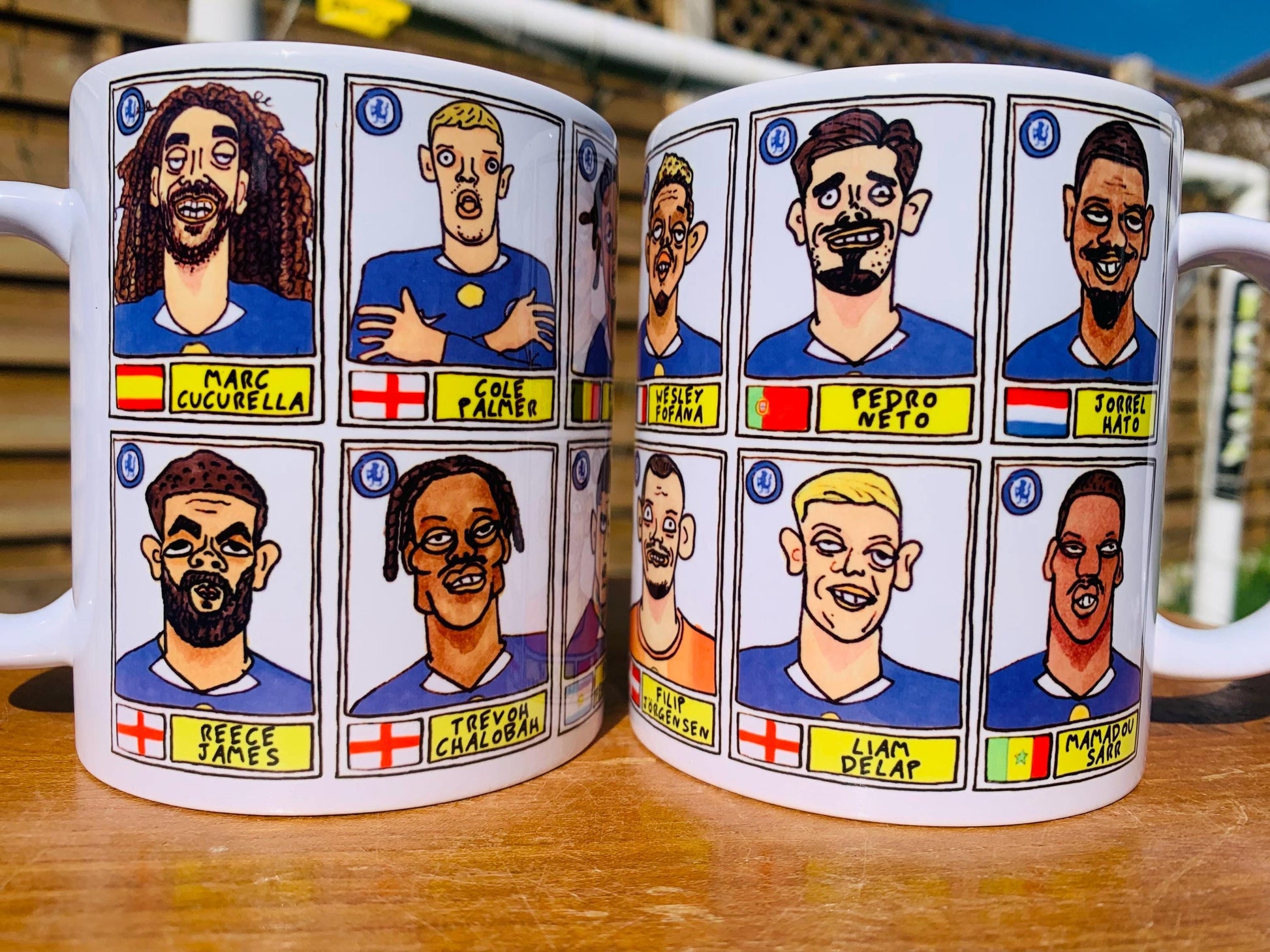 Chelsea 25/26 - No Score Draws Mug Set - Set of TWO DIFFERENT 11oz Mugs with Wonky Panini-doodles of Maresca's CFC Squad