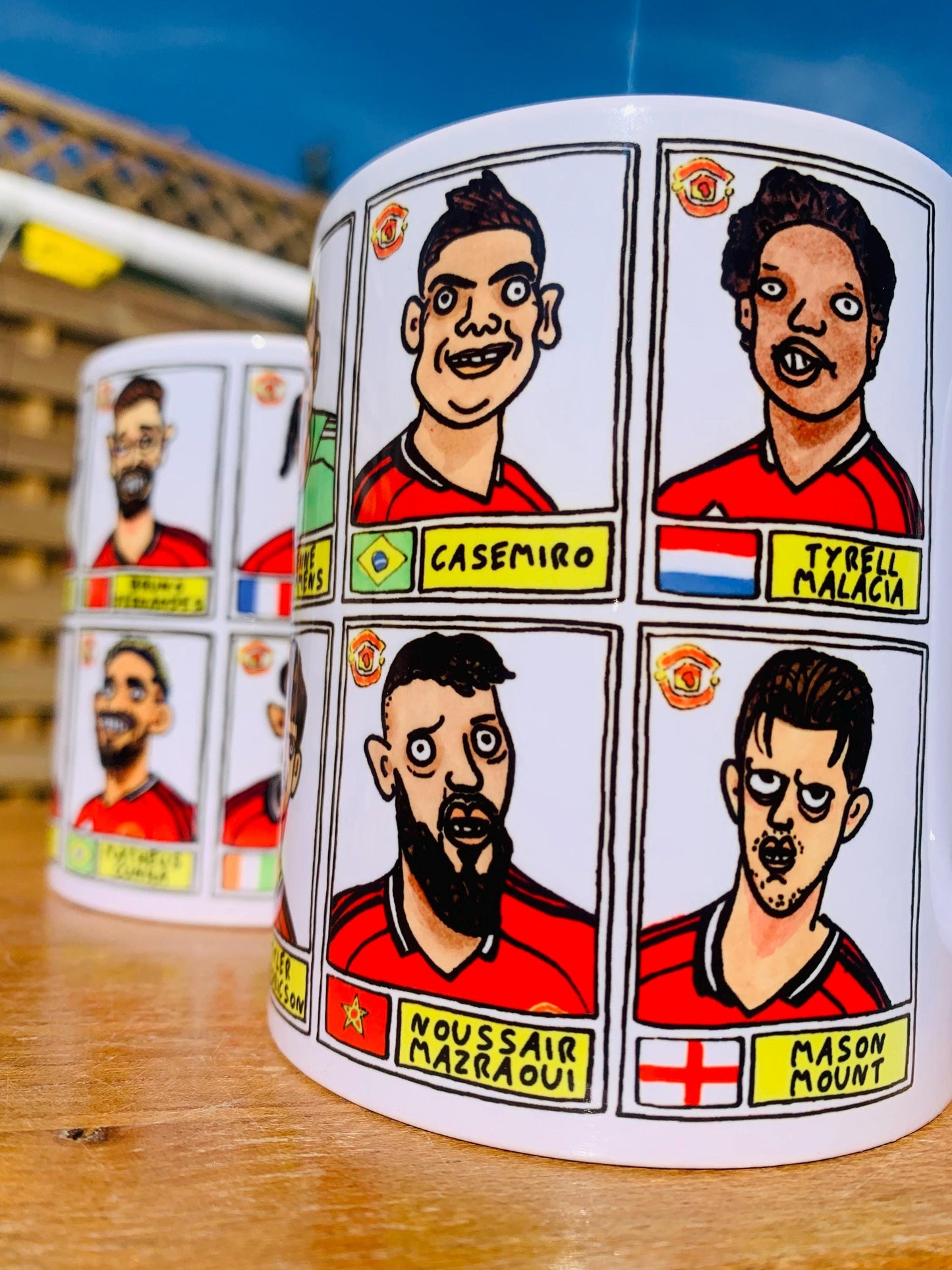 Man Utd 25/26 No Score Draws Mug Set - Set of TWO DIFFERENT 11oz Ceramic Mugs with Wonky Panini-style MUFC Doodles Of Manchester United