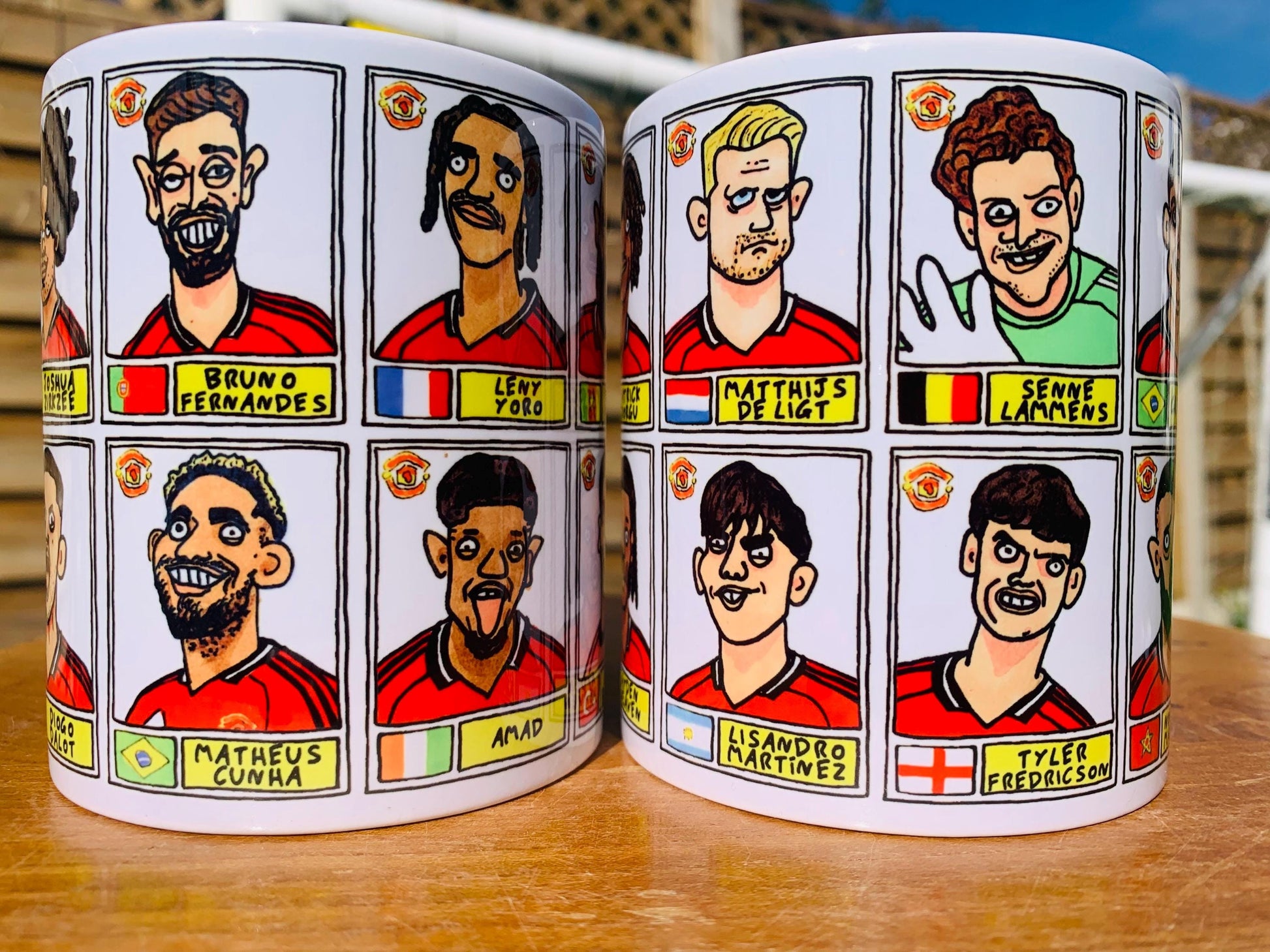 Man Utd 25/26 No Score Draws Mug Set - Set of TWO DIFFERENT 11oz Ceramic Mugs with Wonky Panini-style MUFC Doodles Of Manchester United