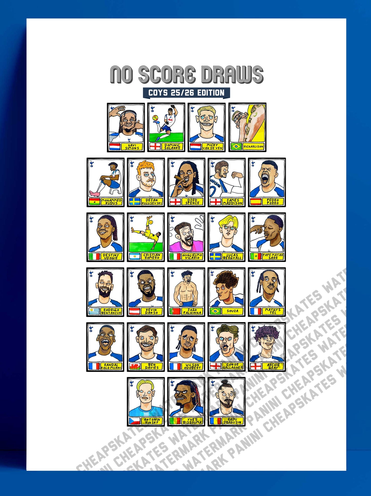 Spurs 25/26 - No Score Draws COYS 25/26 Edition - A3 print of 28 Wonky Panini-style Football Doodles of Tottenham Hotspur's 25/26 Squad