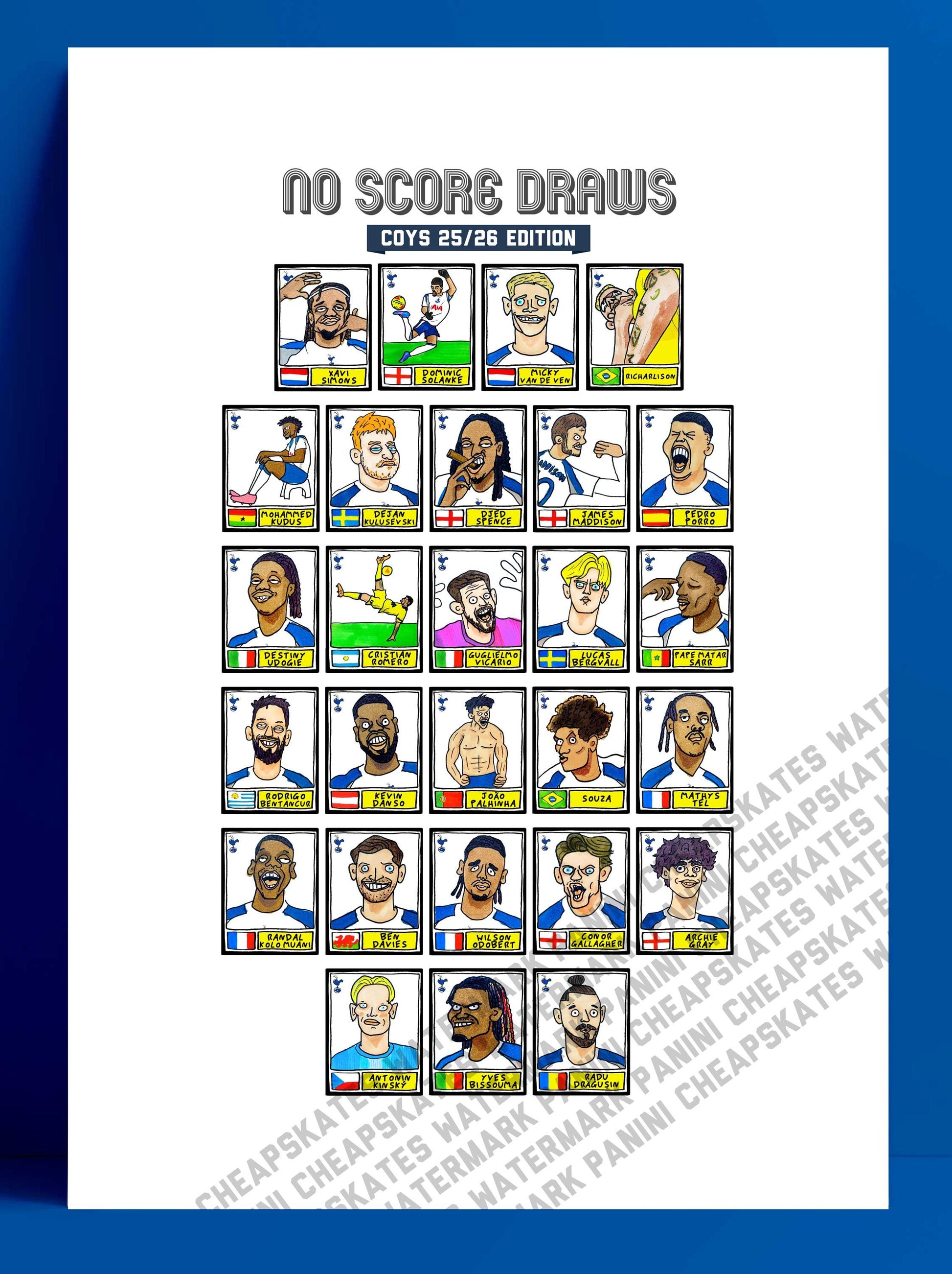 Spurs 25/26 - No Score Draws COYS 25/26 Edition - A3 print of 28 Wonky Panini-style Football Doodles of Tottenham Hotspur's 25/26 Squad