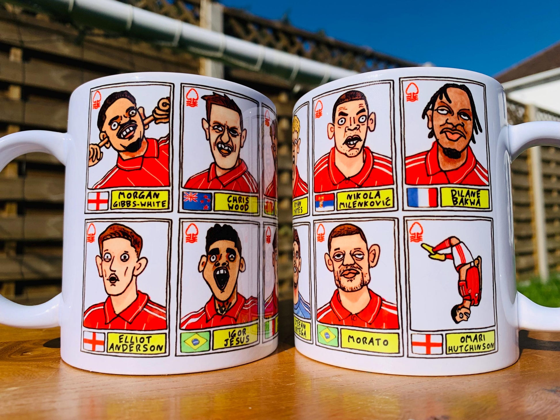 Nottingham Forest Vol 6 - NFFC 25/26 No Score Draws Mug Set - Set of TWO DIFFERENT 11oz Mugs with Wonky Panini-Doodles of Sean Dyche's Squad