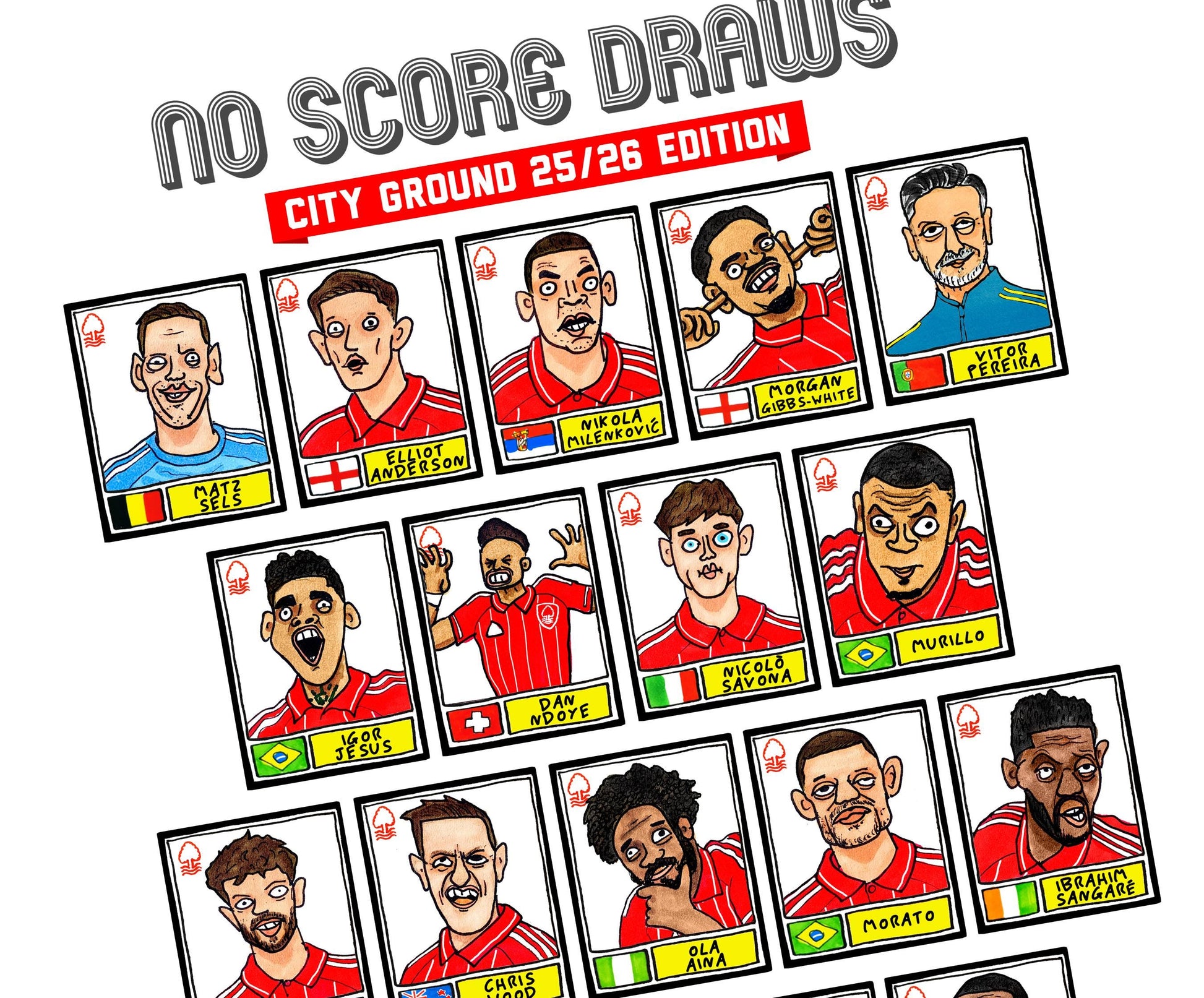Nottingham Forest Vol 6 - No Score Draw City Ground 25/26 Edition - A3 print of 27 Wonky Hand-Drawn Panini-doodles of NFFC's 25/26 Squad
